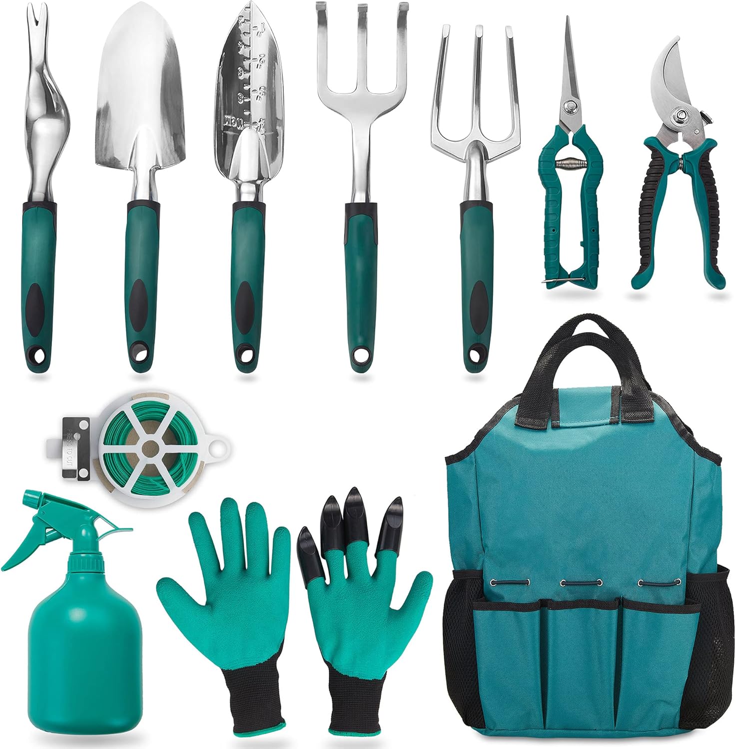 Garden Tool Set, 11 Piece Aluminum Alloy Hand Tool Starter Kit with Garden Bag, Outdoor Tool, Heavy Duty Gardening Work Set