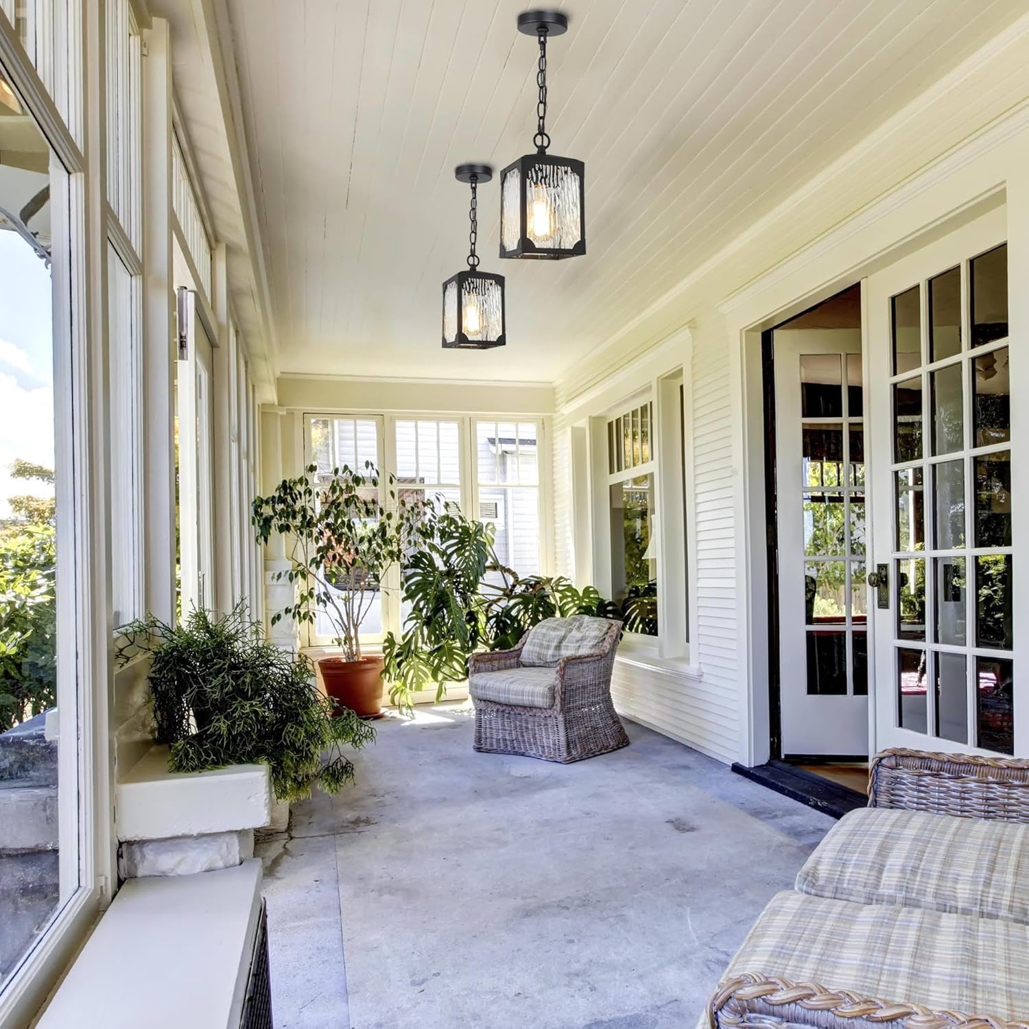 Farmhouse Exterior Lights, Anti-Rust Ceiling Outdoor Light with Water Ripple Glass, Square Hanging Lantern