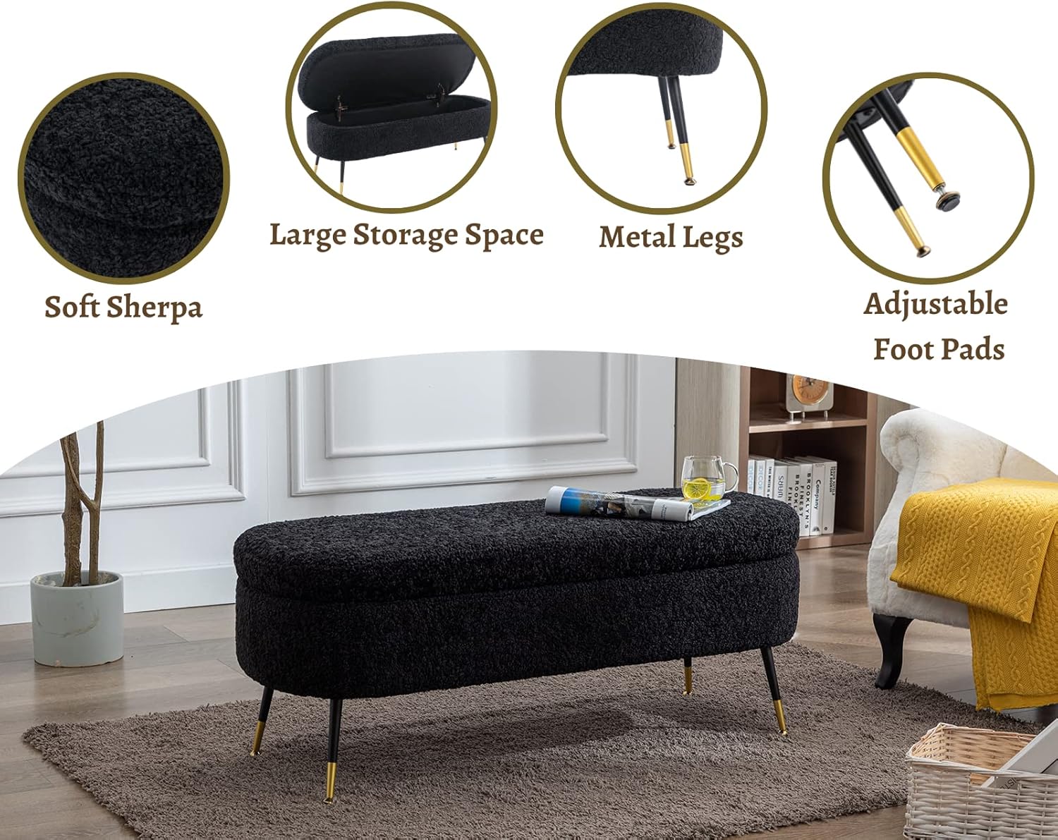 Modern Storage Bench for Bedroom End of Bed Lambswool Ottoman Bench with Metal Legs Upholstered Bedroom Bench Faux Fur Footrest Stool for Entryway/Living Room (Black)