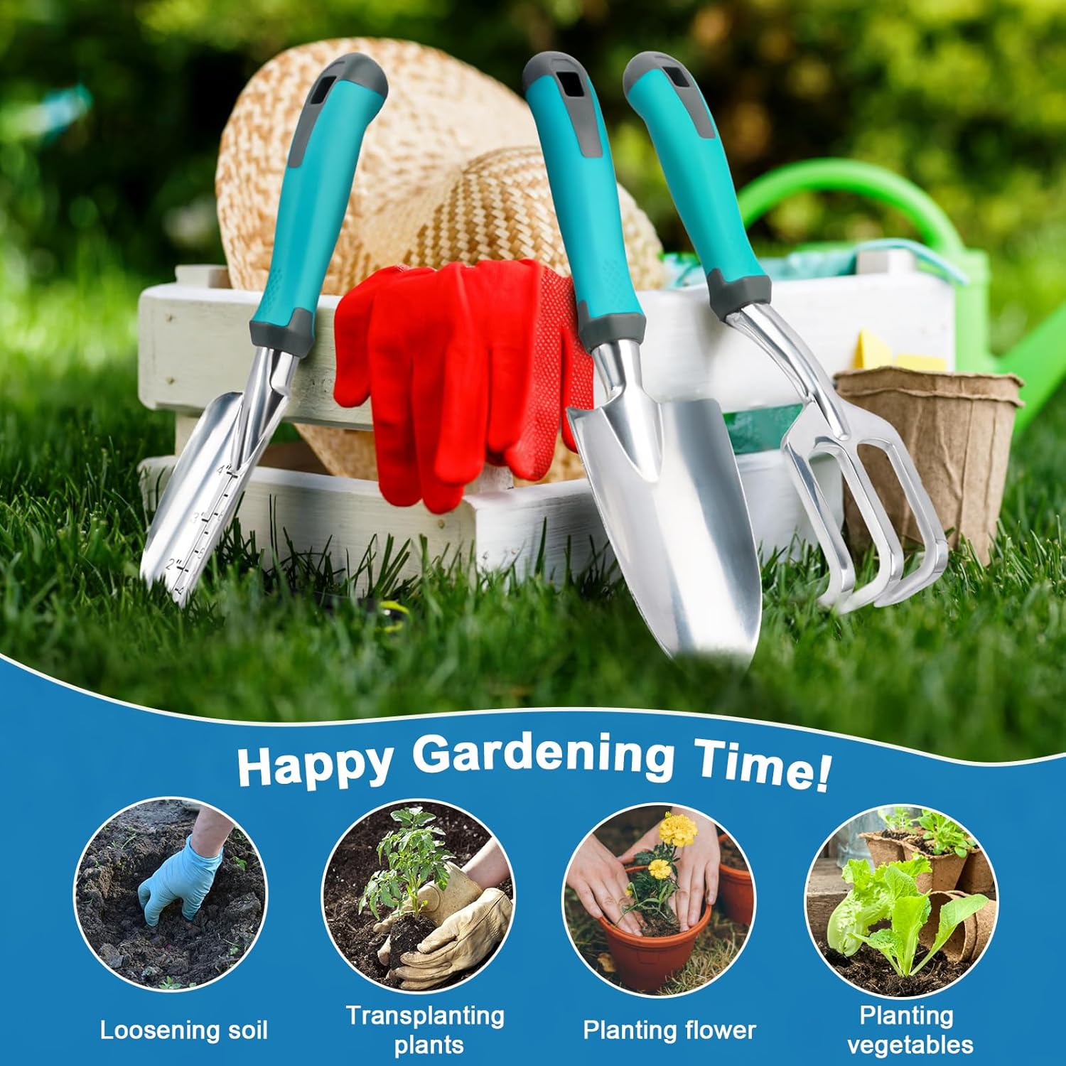 3 Pack Gardening Tools Set, Heavy Duty Garden Tools Set Include Garden Shovel, Transplant Trowel and Hand Rake with Ergonomic Handle