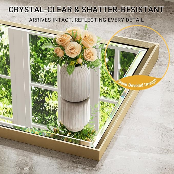 Gold Bathroom Mirror, 24x32 Brushed Gold Bathroom Mirror Beveled Edge, Gold Framed Rectangle Bathroom Vanity Mirror