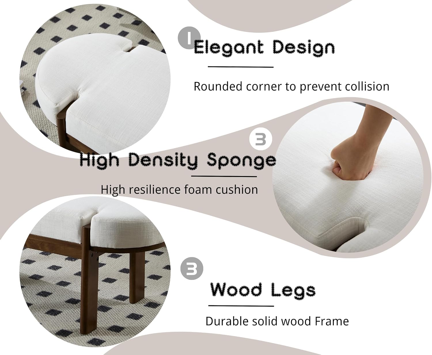 49 Inch Modern Bedroom Bench Upholstered End of Bed Bench Wood Entryway Bench with Fabric Padded Seat and Wooden Legs Window Bench