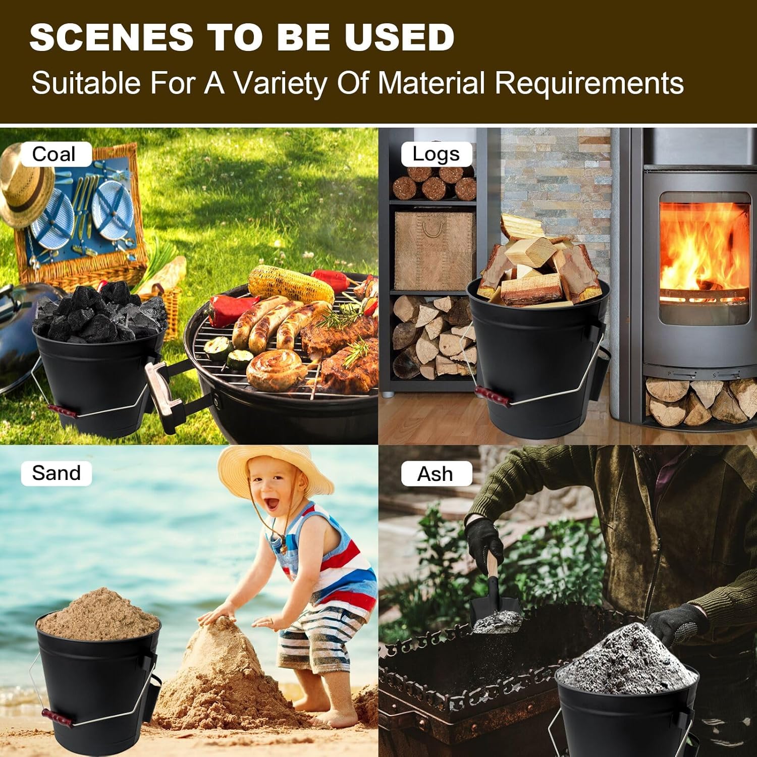 Ash Bucket with Lid and Shovel, 5.2 Gallon Ash Bucket for Fireplace, Metal Bucket Includes Hand Broom and Gloves for Fire Pit