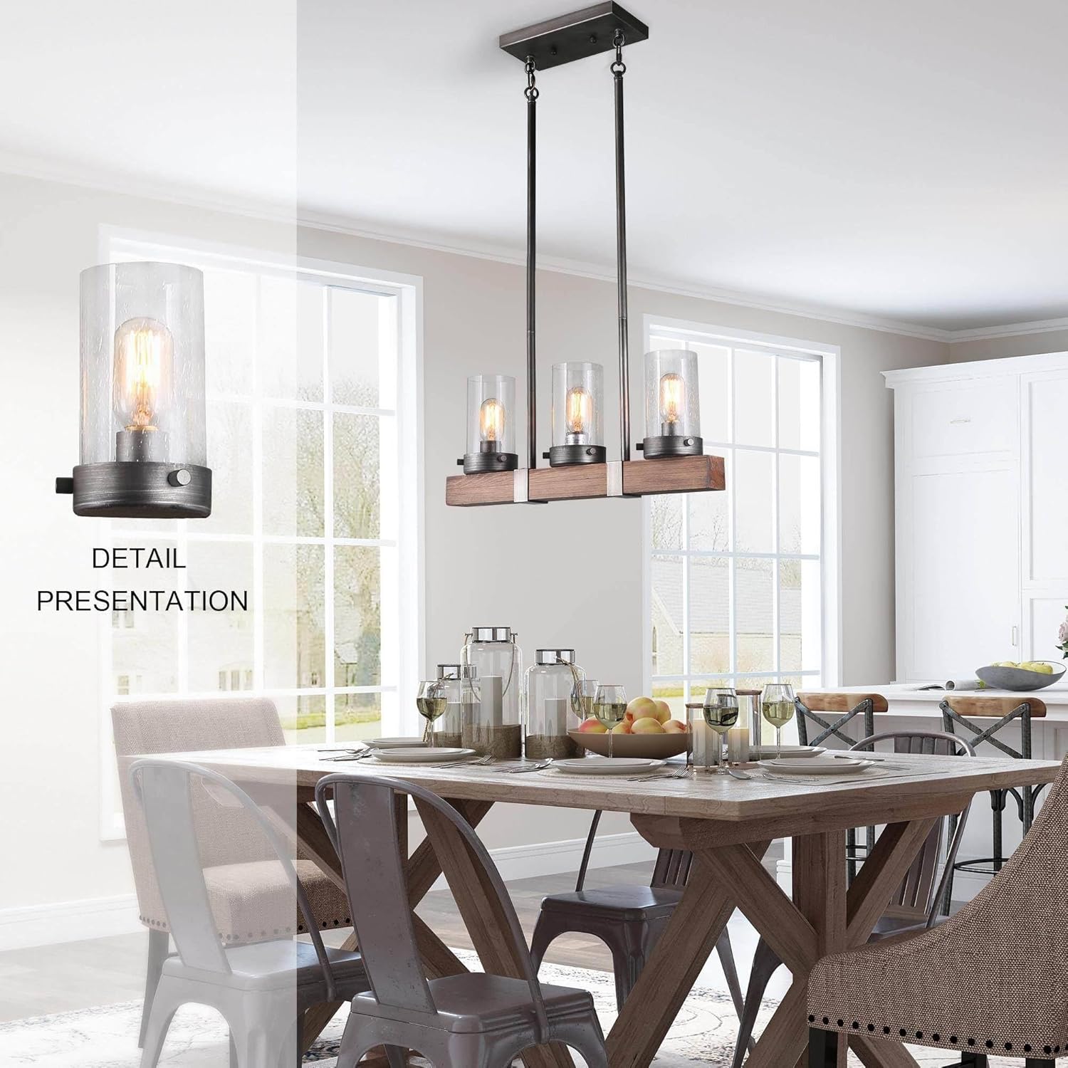 3-Light Kitchen Island Lighting, Farmhouse Linear Chandeliers for Dining Room