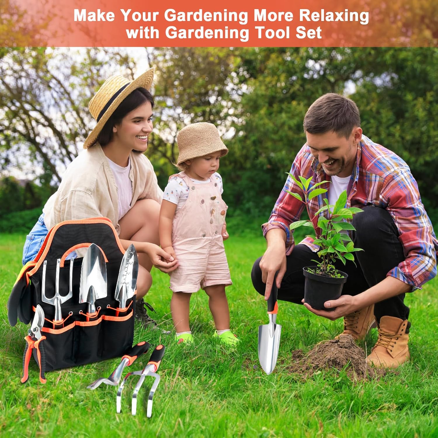 8 Piece Gardening Tools Set with Non Slip Ergonomic Handle, Heavy Duty Garden Tool Set with Storage Bag