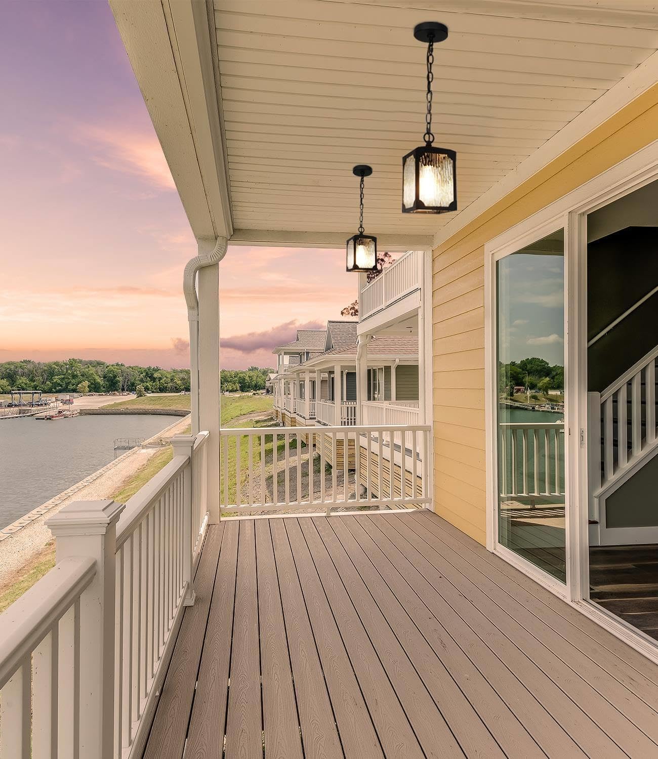 Farmhouse Exterior Lights, Anti-Rust Ceiling Outdoor Light with Water Ripple Glass, Square Hanging Lantern