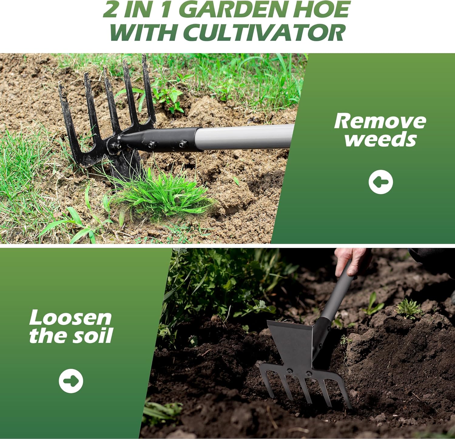 2 in 1 Hoe Garden Tool, 63 Inch Garden Hoe Cultivator and 5-Tines Rake with 37-63 Inch Adjustable Long Handle