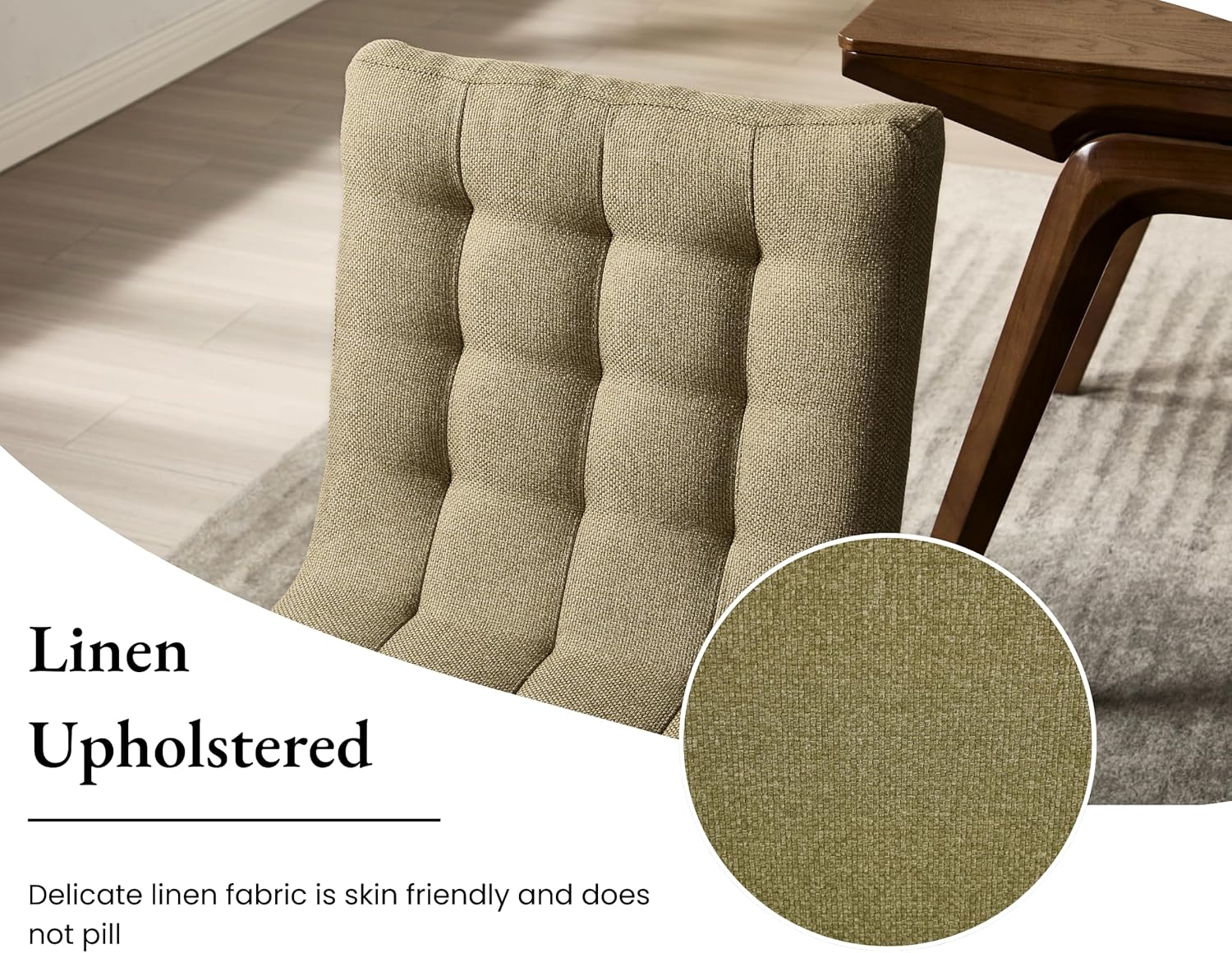 Upholstered Tufted Dining Chairs Set of 4 Mid Century Modern Fabric Kitchen Chairs with Walnut Wood Legs/Comfy Linen Backs Armless Accent Side Chair