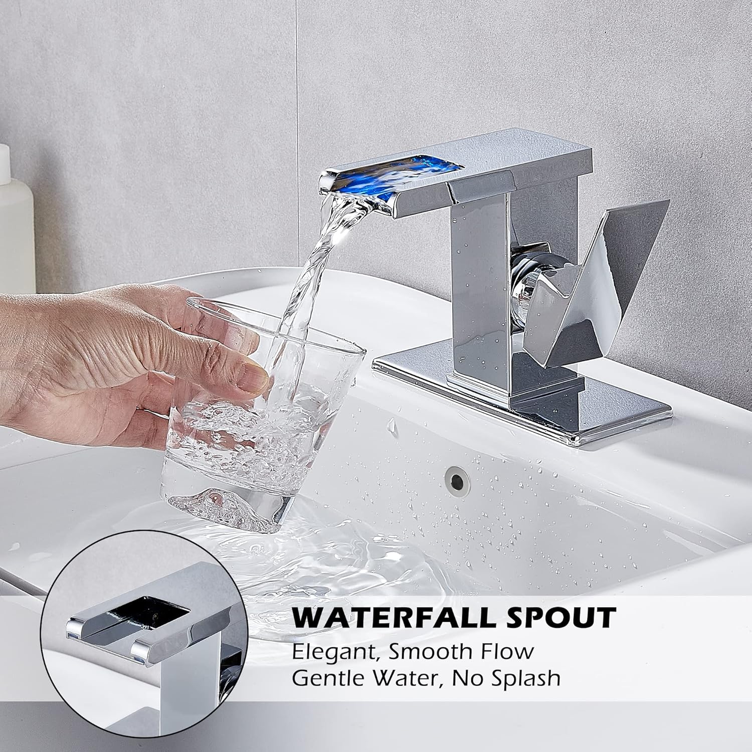 Bathroom Sink Faucet Chrome Waterfall Single Hole One Handle Bathroom Faucet Led Light Color Chaning Vanity Faucet Modern with Pop-up Drain Suitable for 1 Hole or 3 Hole RV Faucet Deck Mount Basin