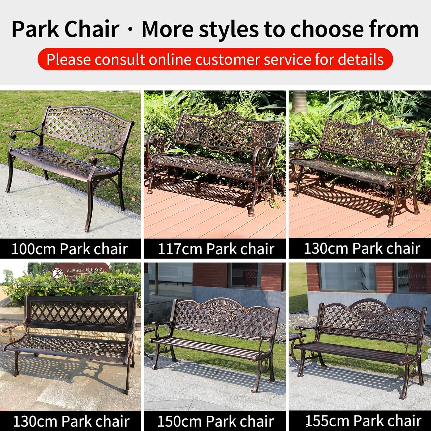 59" Cast Aluminum Garden Park Bench with Backrest Armrests Plastic Wood Patio Bench