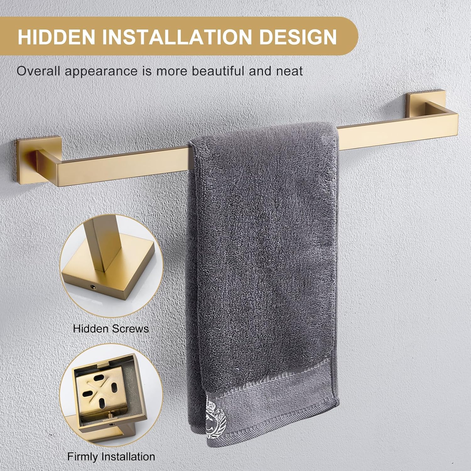 Bathroom Towel Bar, 23.6 Inch Gold Towel Rack, SUS304 Stainless Steel Bathroom Accessories, Square Hand Towel Holder for Bathroom Kitchen Wall Mounted