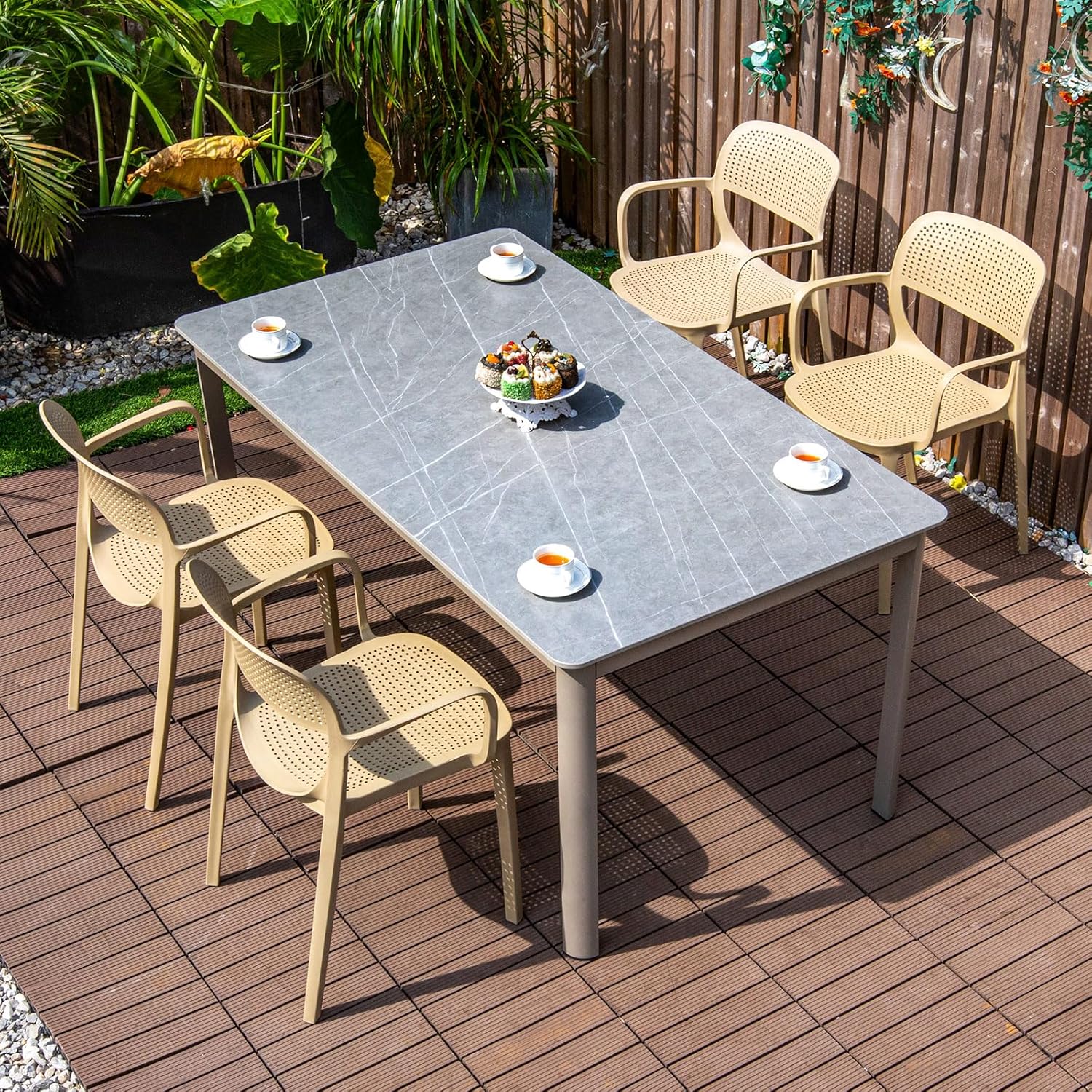 Patio Dining Set Outdoor Furniture Set Aluminum Frame Slate Table and PVC Chairs Outdoor Table and Chairs Set for Outsides