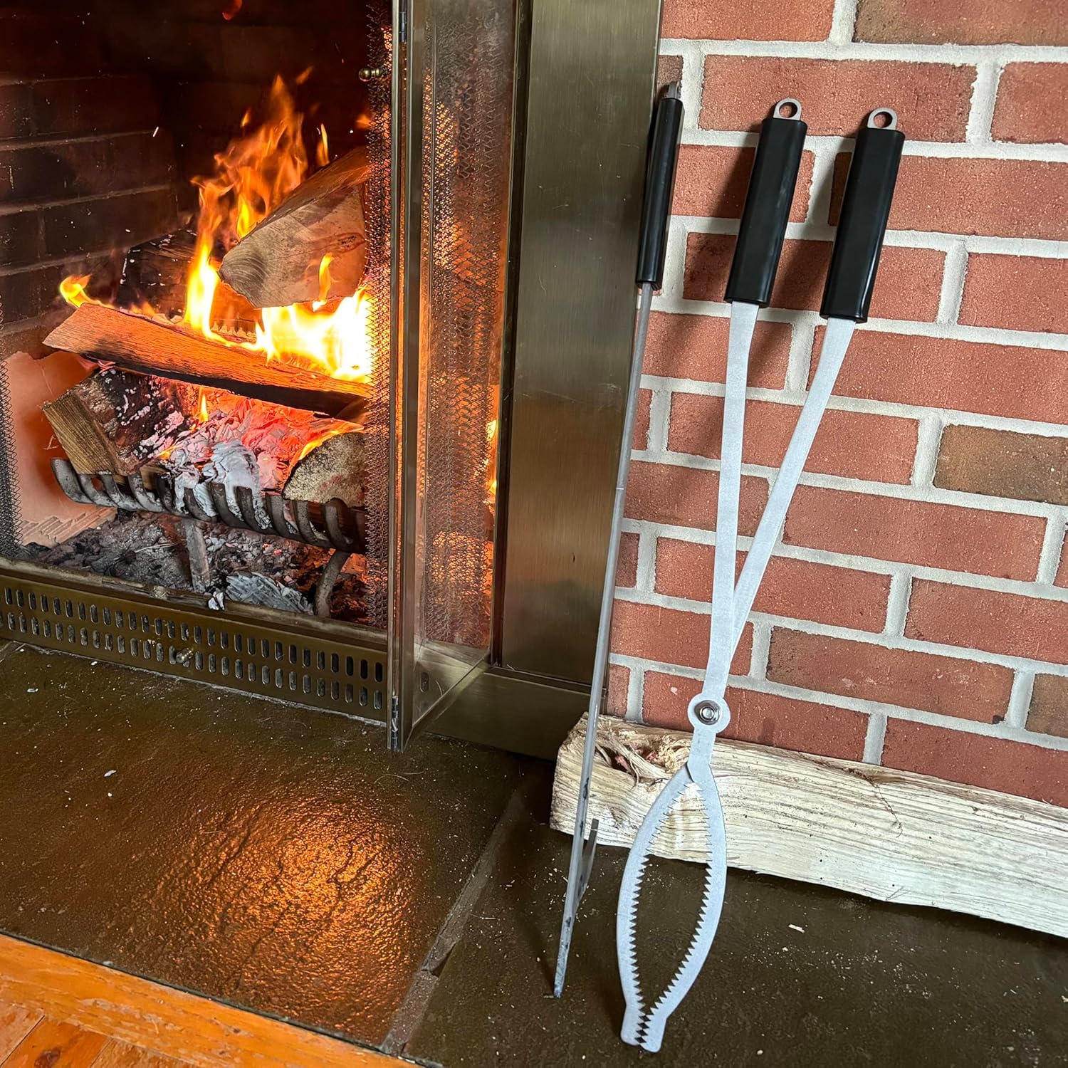 Fireplace Tools Set with 28" Fire Poker and Fire Tongs, Stainless Steel Firewood Tongs with Sturdy Stand