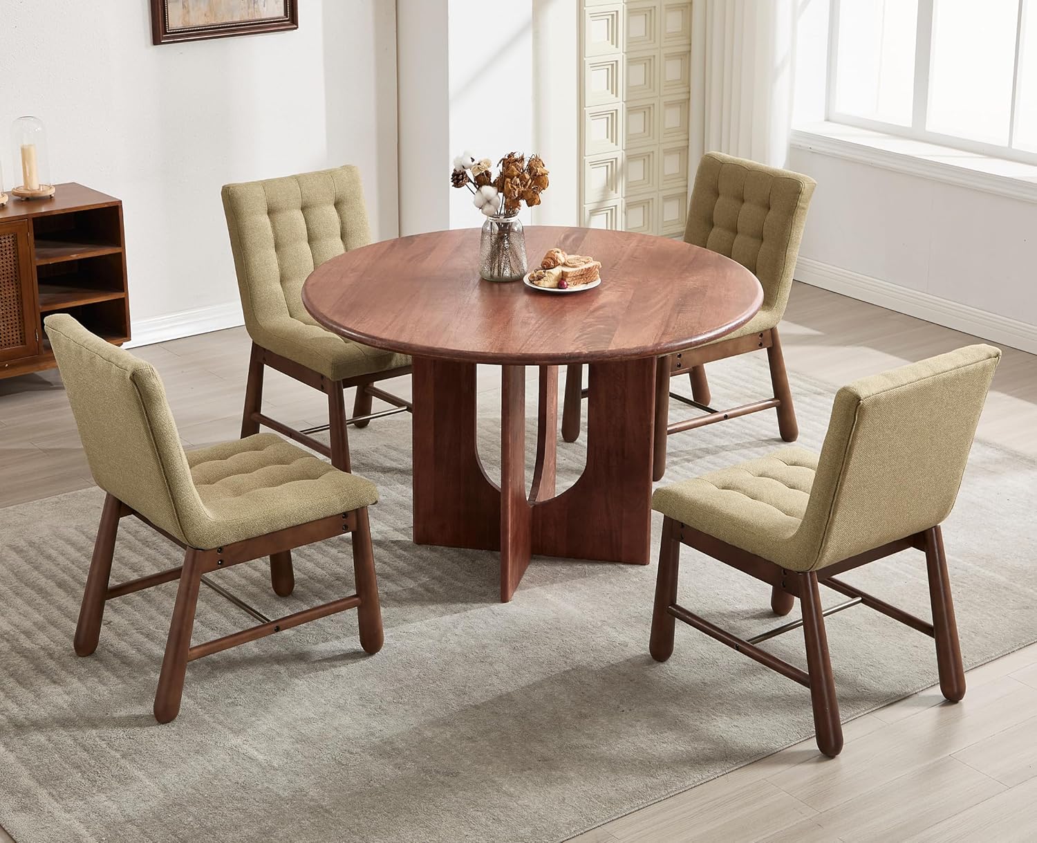 Upholstered Tufted Dining Chairs Set of 4 Mid Century Modern Fabric Kitchen Chairs with Walnut Wood Legs/Comfy Linen Backs Armless Accent Side Chair