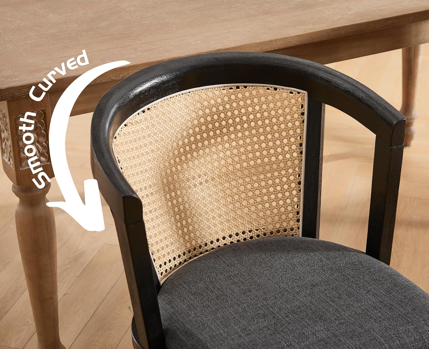 Modern Farmhouse Wooden Dining Room Chairs with Cane Curved Back Leather Upholstered Comfortable Kitchen Side Chairs for Restaurant