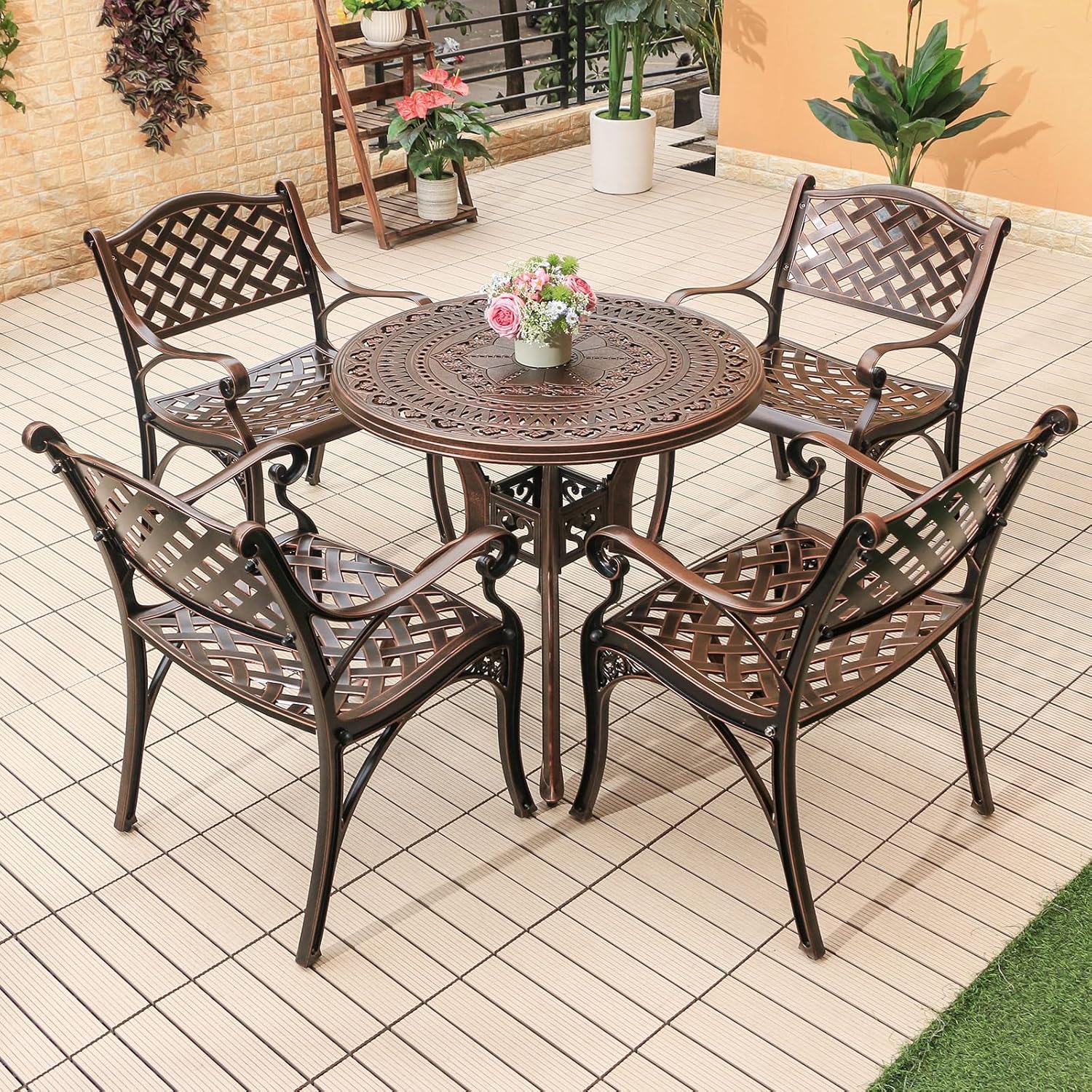 Outdoor Dining Set Cast Aluminum Bistro Set Patio Chairs and Round Table with Umbrella Hole for Yard