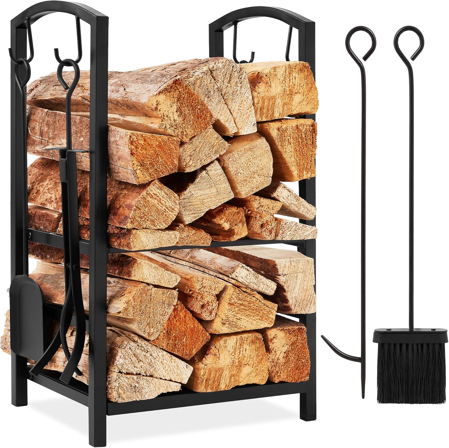 5-Piece Indoor Outdoor Wrought Iron Firewood Log Storage Rack Holder Firepit Tools Set