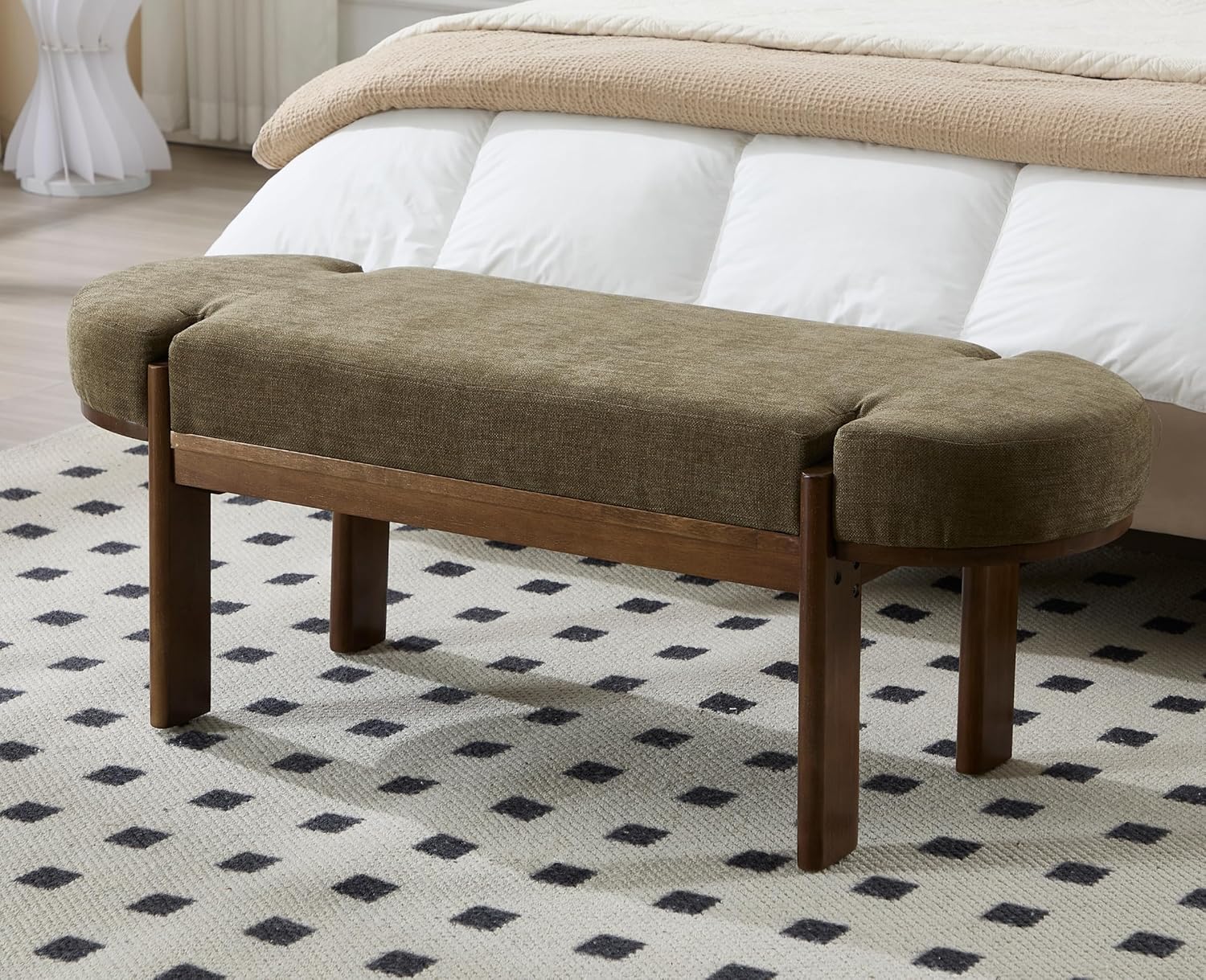 49 Inch Modern Bedroom Bench Upholstered End of Bed Bench Wood Entryway Bench with Fabric Padded Seat and Wooden Legs Window Bench