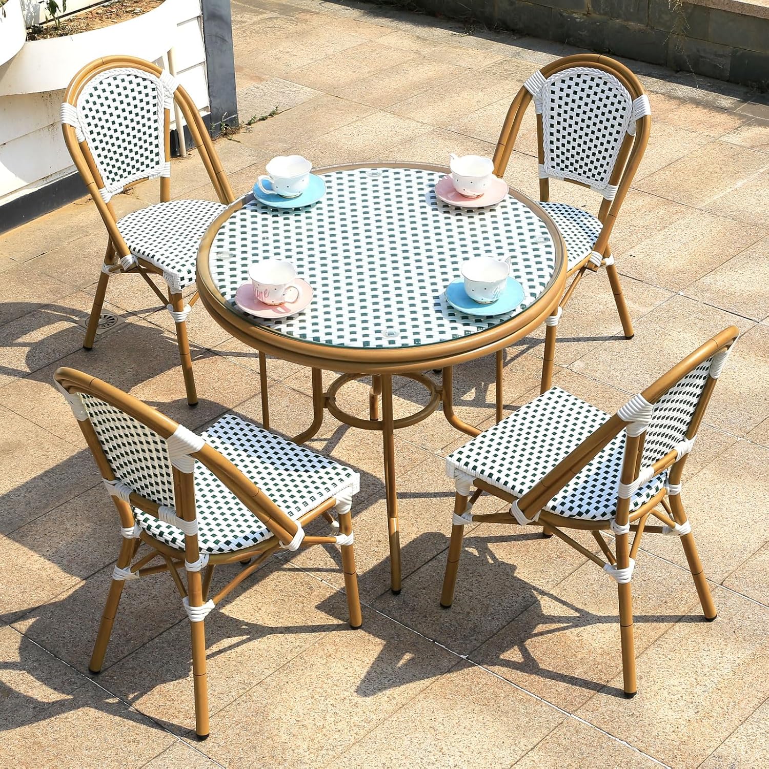 Patio Bistro Set Colorful Weave PE Wicker Balcony Furniture Set (4 Chairs+80cm Round Table)