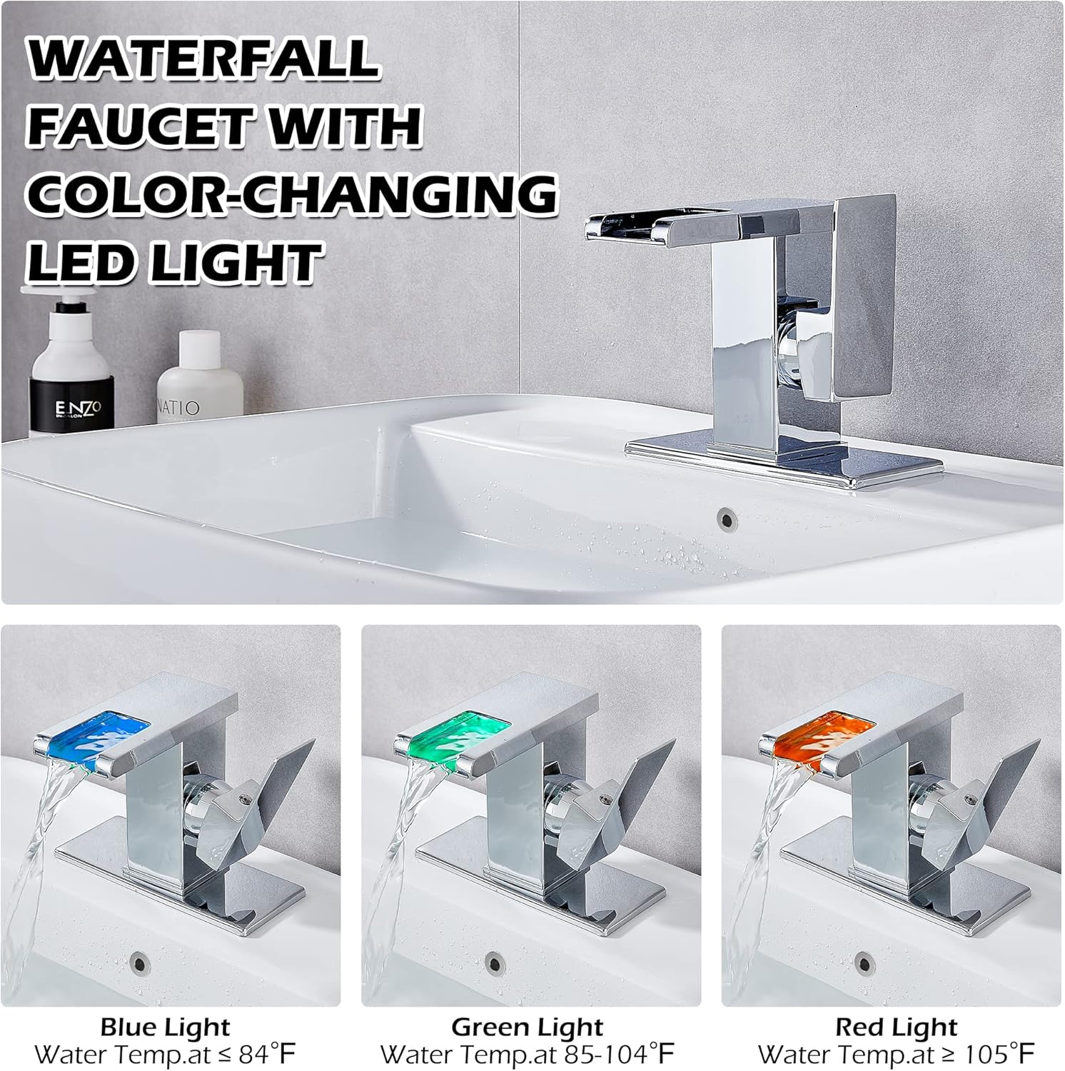 Bathroom Sink Faucet Chrome Waterfall Single Hole One Handle Bathroom Faucet Led Light Color Chaning Vanity Faucet Modern with Pop-up Drain Suitable for 1 Hole or 3 Hole RV Faucet Deck Mount Basin