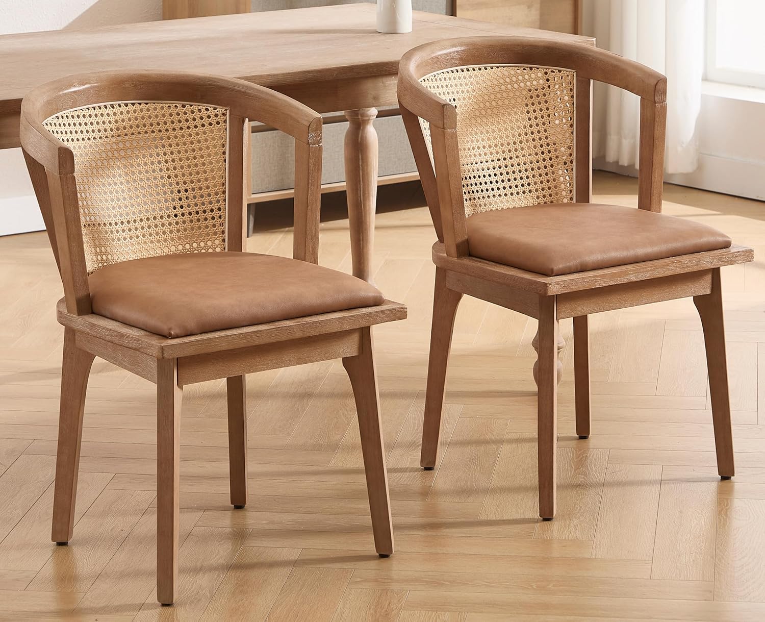 Modern Farmhouse Wooden Dining Room Chairs with Cane Curved Back Leather Upholstered Comfortable Kitchen Side Chairs for Restaurant