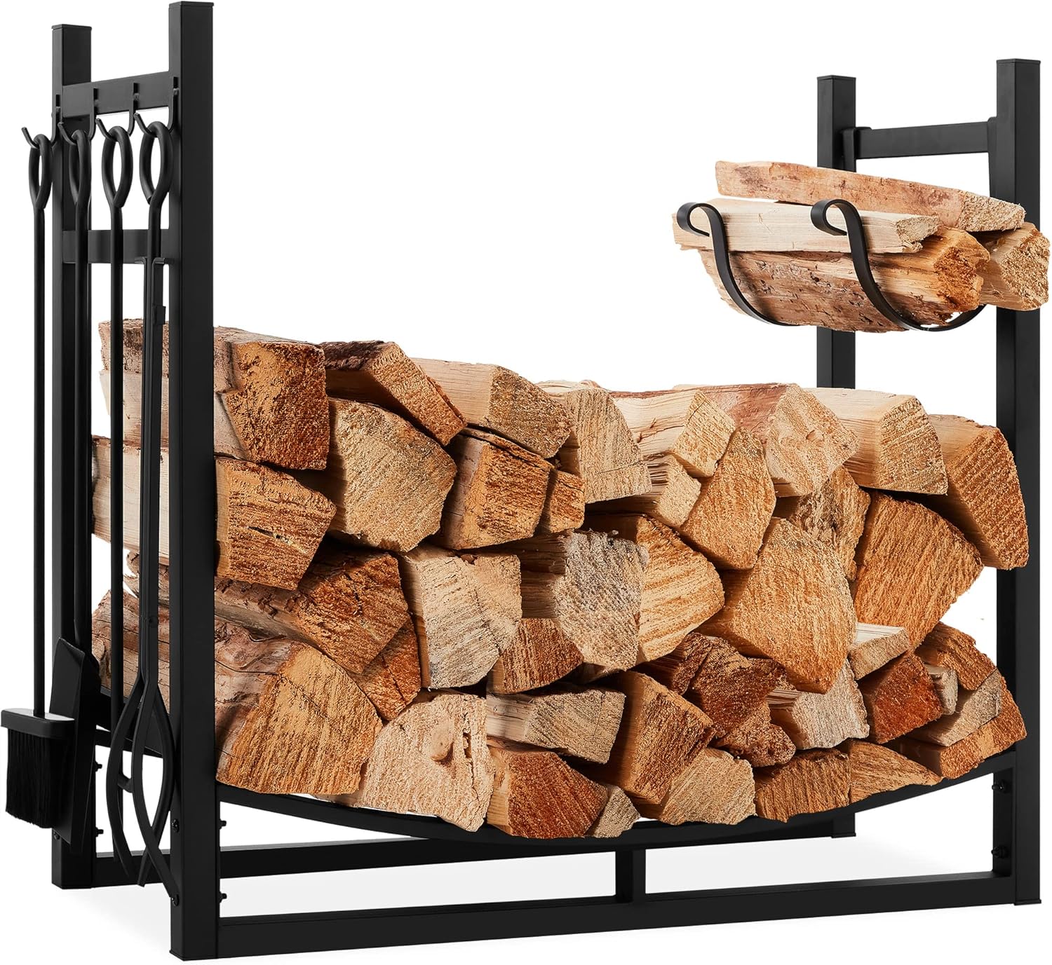 34.25in Firewood Log Rack & Tool Set Steel Wood Storage Accessory for Indoor Outdoor Fire Pit, Fireplace w/Kindling Holder, Shovel, Poker, Tongs, Brush