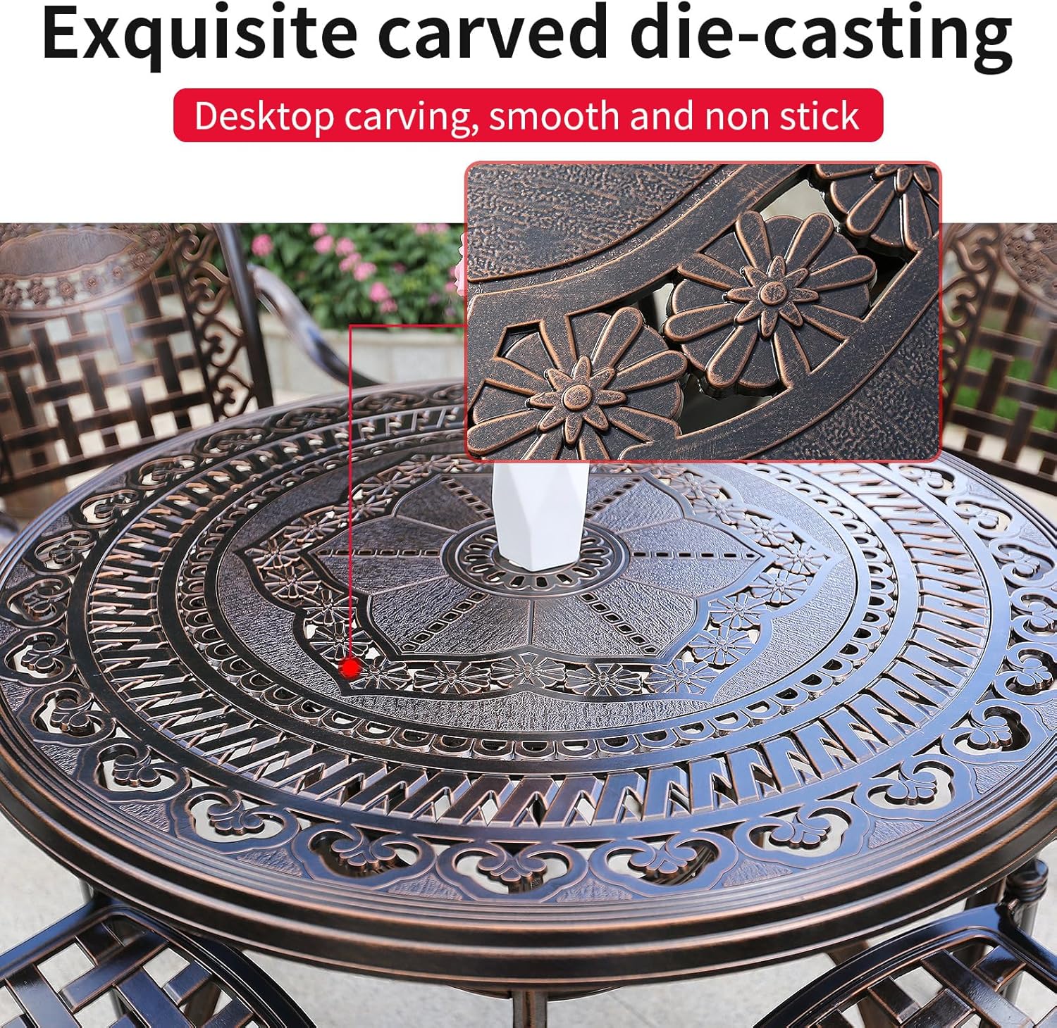 Outdoor Dining Set Cast Aluminum Bistro Set Patio Chairs and Round Table with Umbrella Hole for Yard
