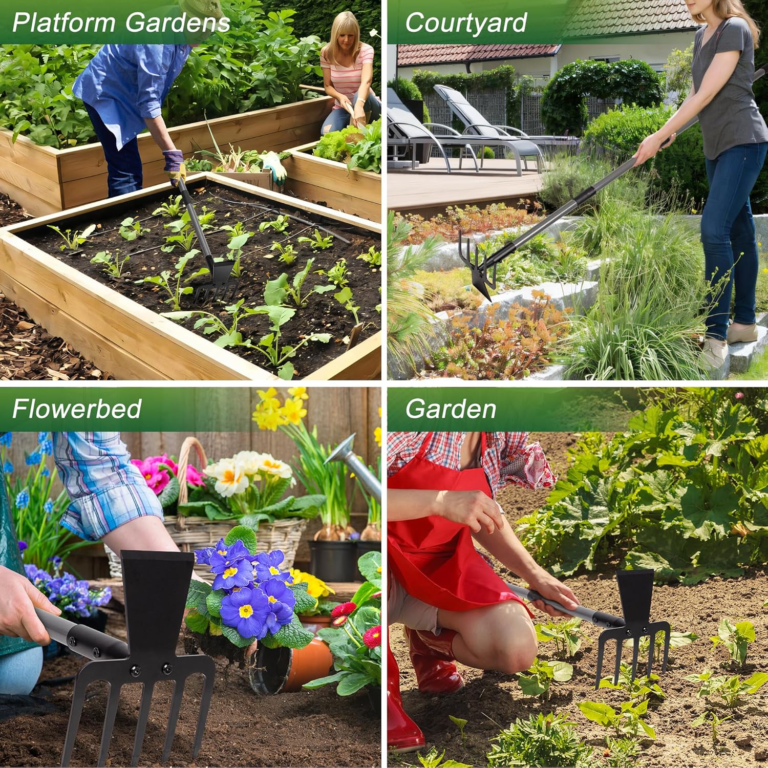 2 in 1 Hoe Garden Tool, 63 Inch Garden Hoe Cultivator and 5-Tines Rake with 37-63 Inch Adjustable Long Handle