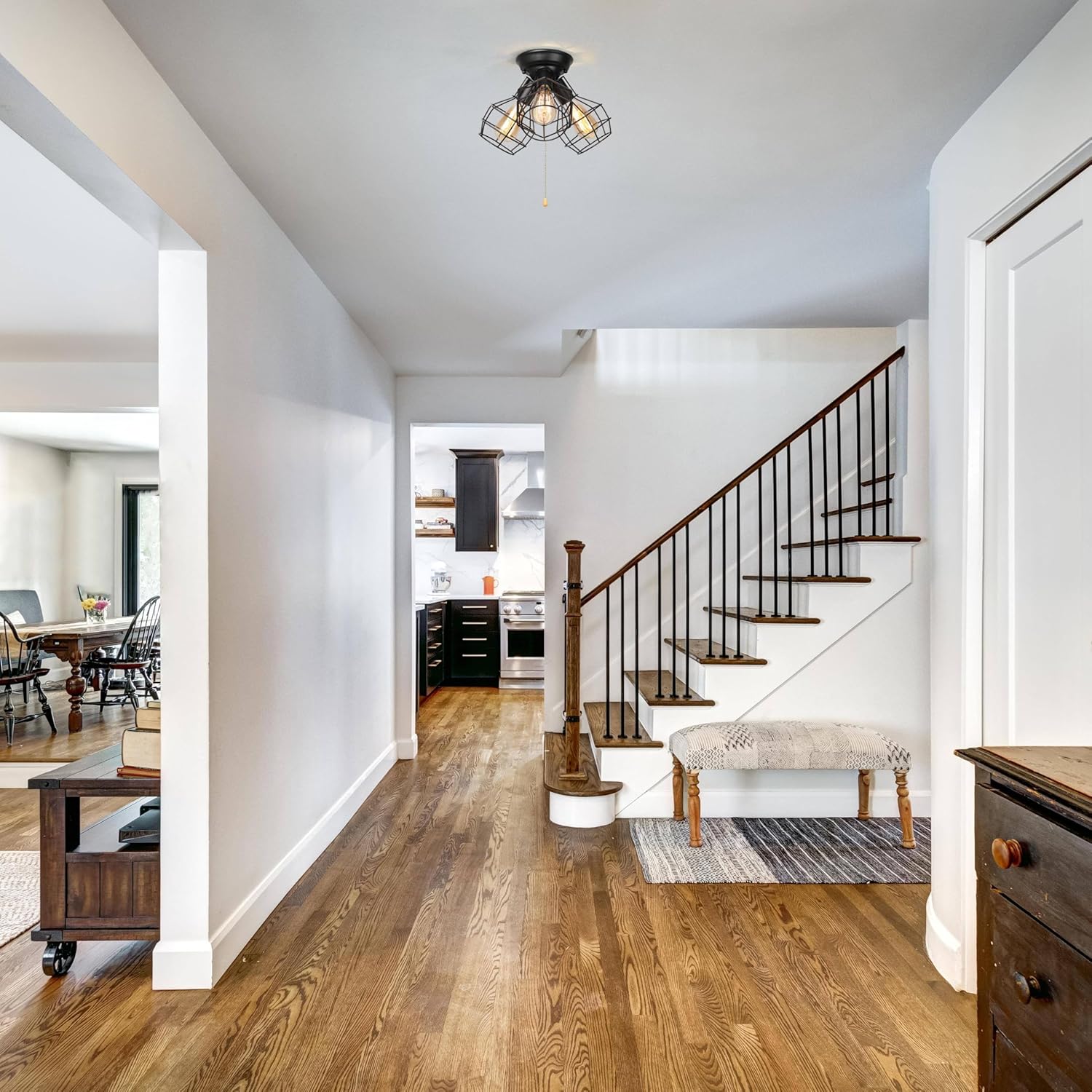 Farmhouse Semi Flush Mount Ceiling Light Fixture, Black Industrial 3-Light Cage Ceiling Light Fixture with Pull Chain