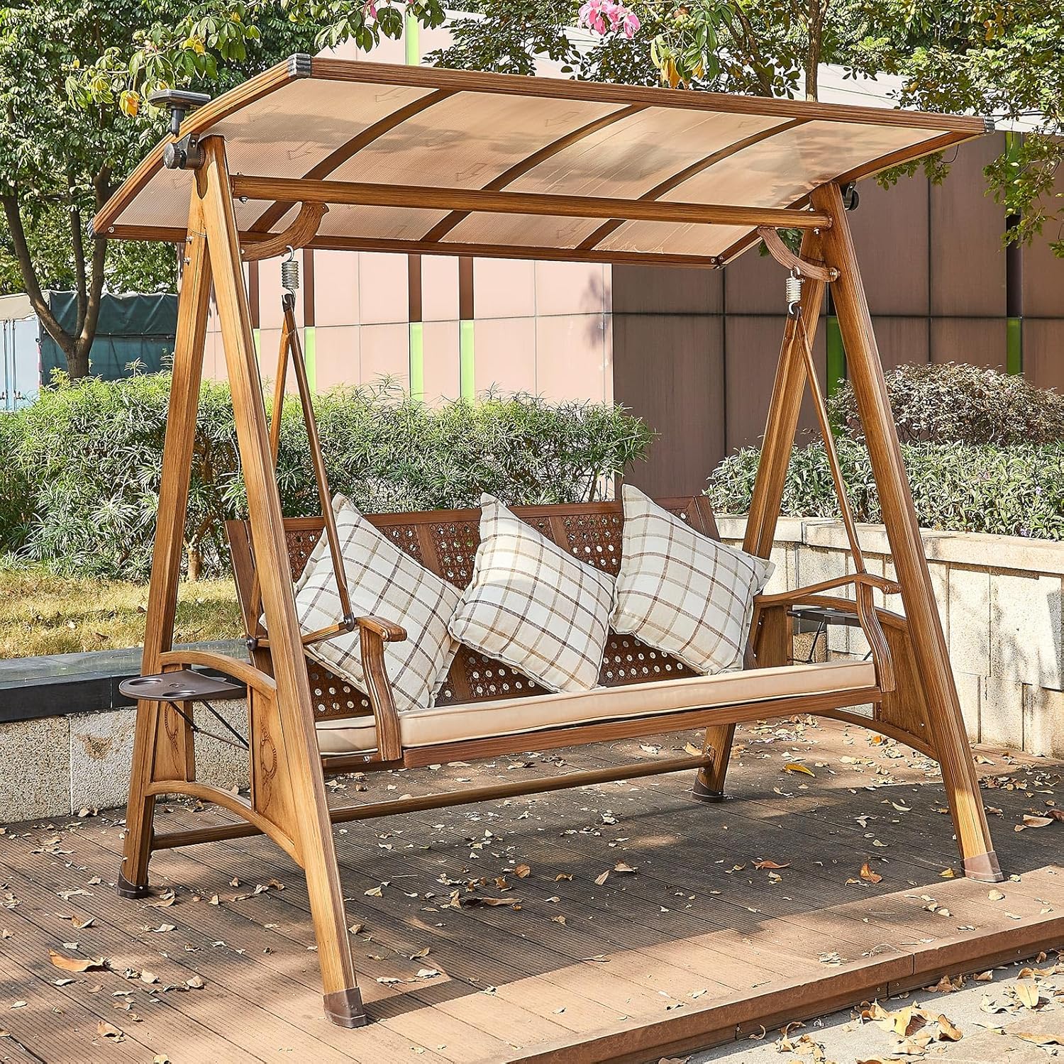 Solar Outdoor Porch Swing with Adjustable Canopy 2/3-Seat Patio Swing Chair Bench
