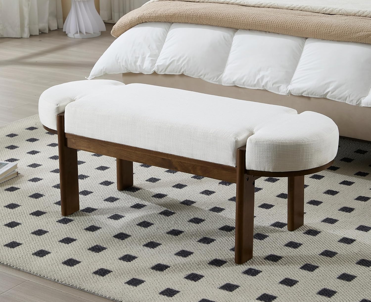 49 Inch Modern Bedroom Bench Upholstered End of Bed Bench Wood Entryway Bench with Fabric Padded Seat and Wooden Legs Window Bench