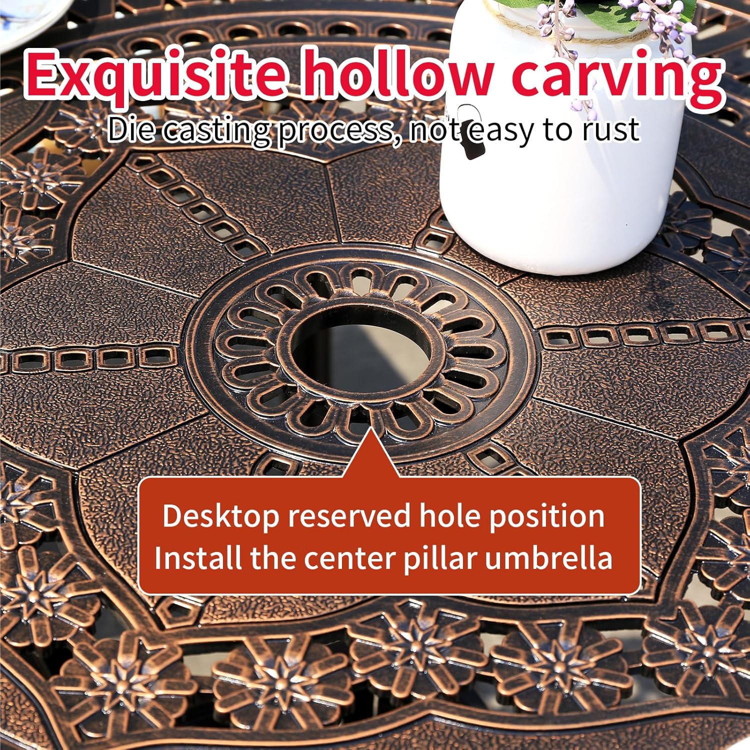 Outdoor Dining Set Cast Aluminum Bistro Set Patio Chairs and Round Table with Umbrella Hole for Yard