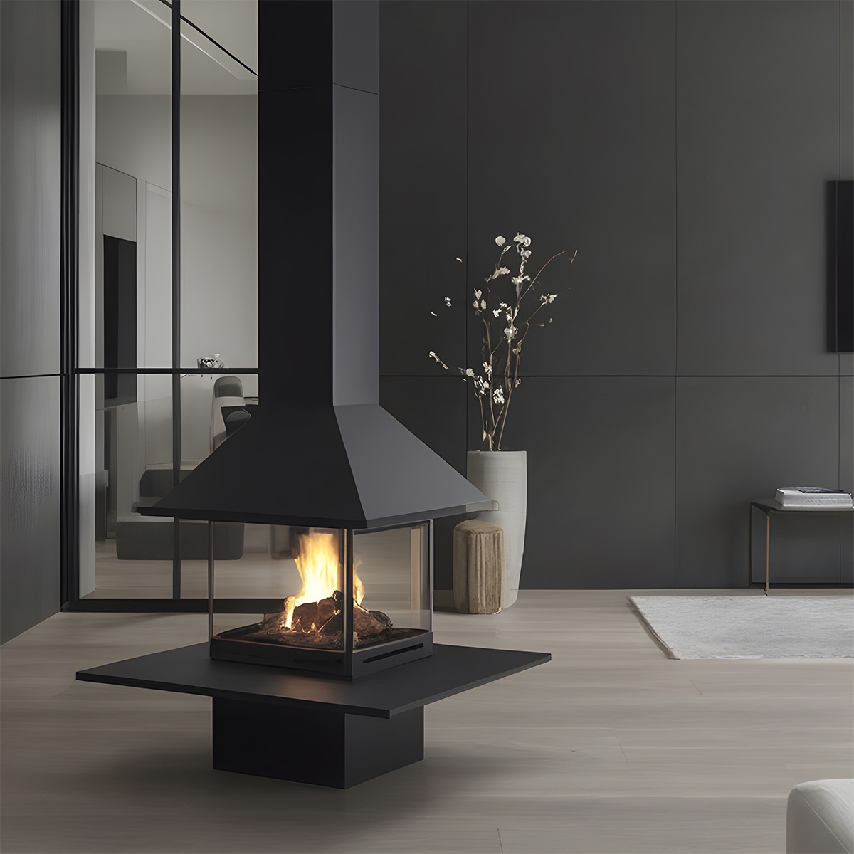 Square Floor-standing Wood-burning Fireplace with Countertop Ash3-Hearthartsinn