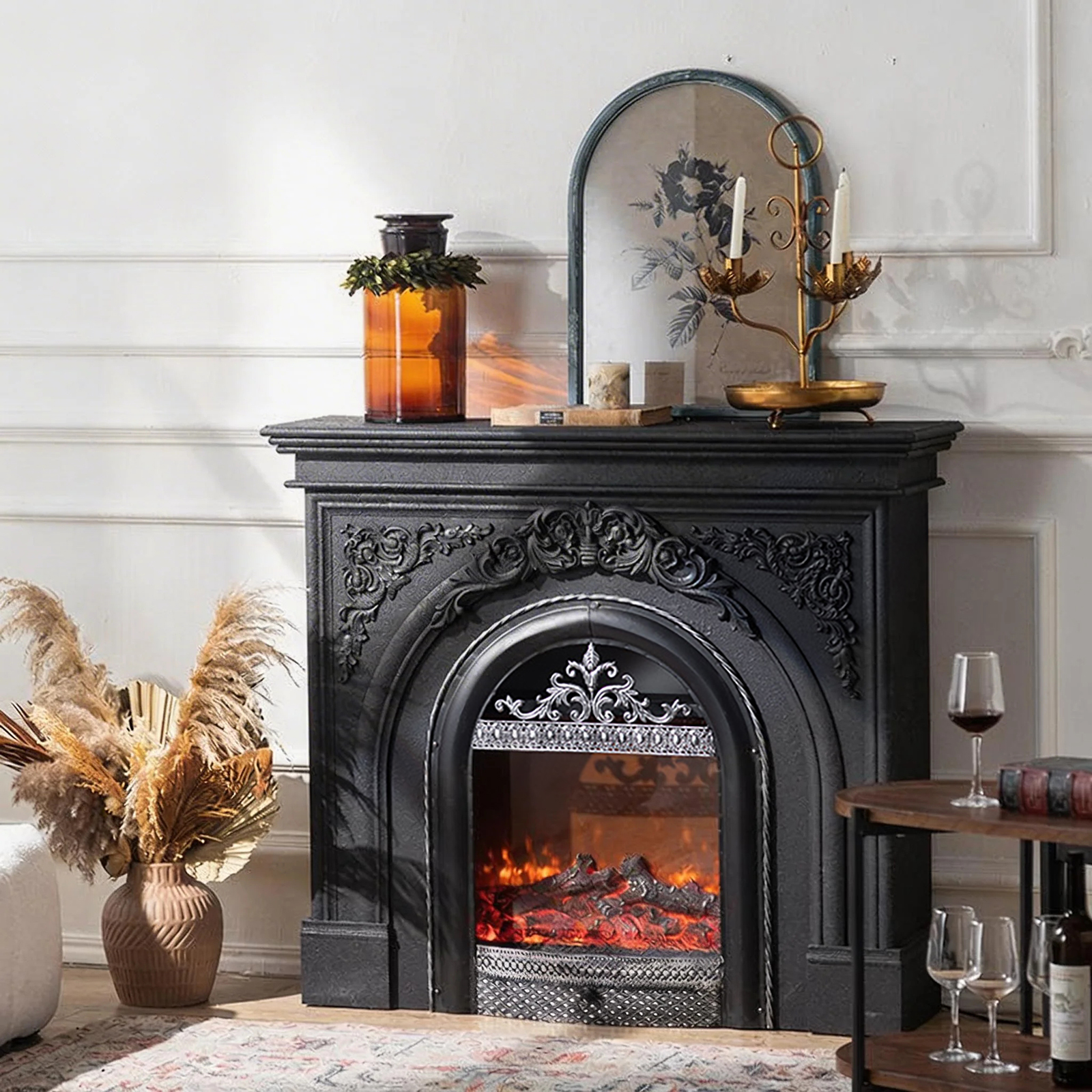 American Vintage Carved Electric Fireplace with Realistic Flame Aurora 7