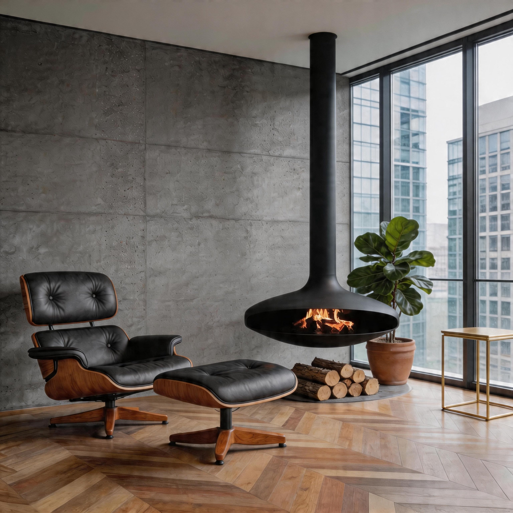 Luxury Hanging Disc-Shaped Real Wood Burning Fire Fireplace Shine 1