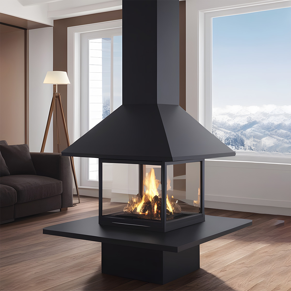 Square Floor-standing Wood-burning Fireplace with Countertop Ash3-Hearthartsinn