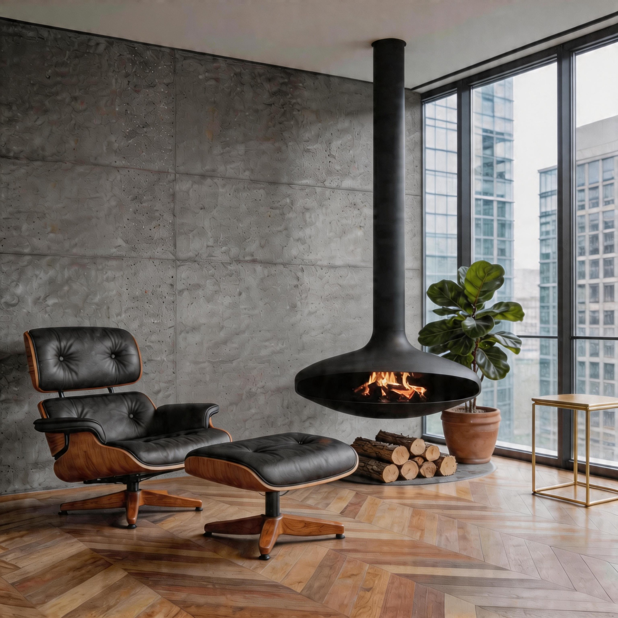 Luxury Hanging Disc-Shaped Real Wood Burning Fire Fireplace Shine 1