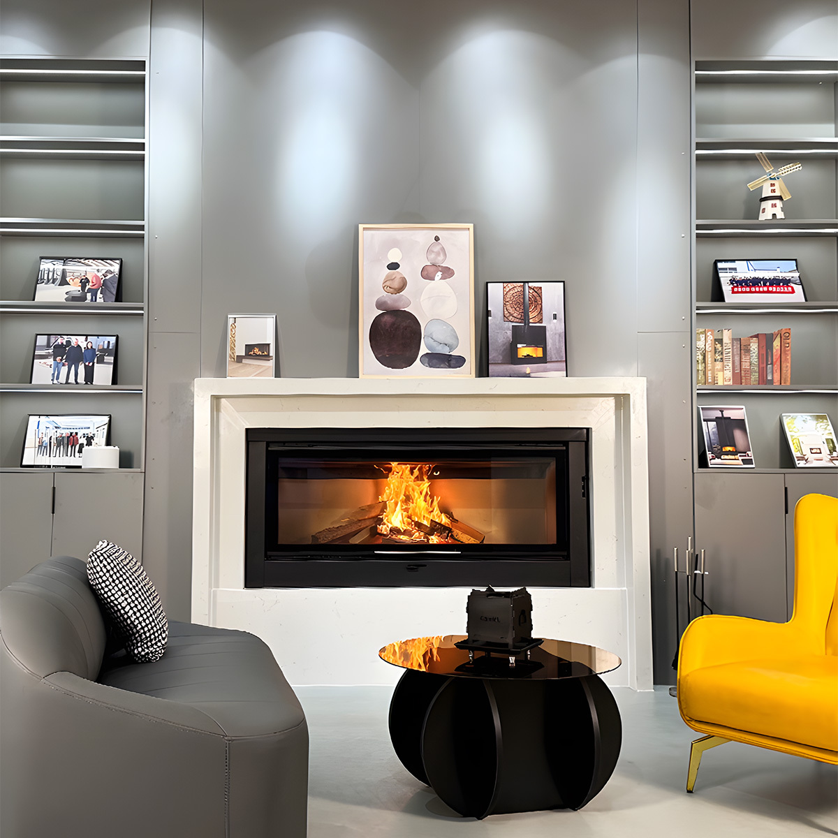 European style wood burning built-in fireplace with sliding door Ash7