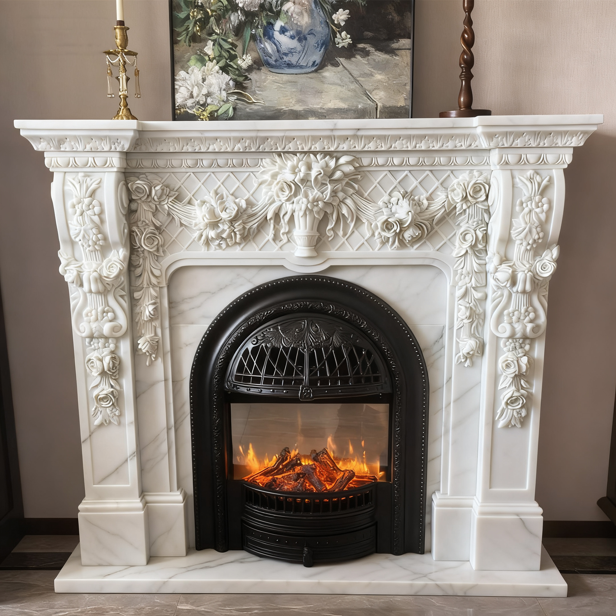 Stone Carved French Marble Electric Fireplace Aurora7