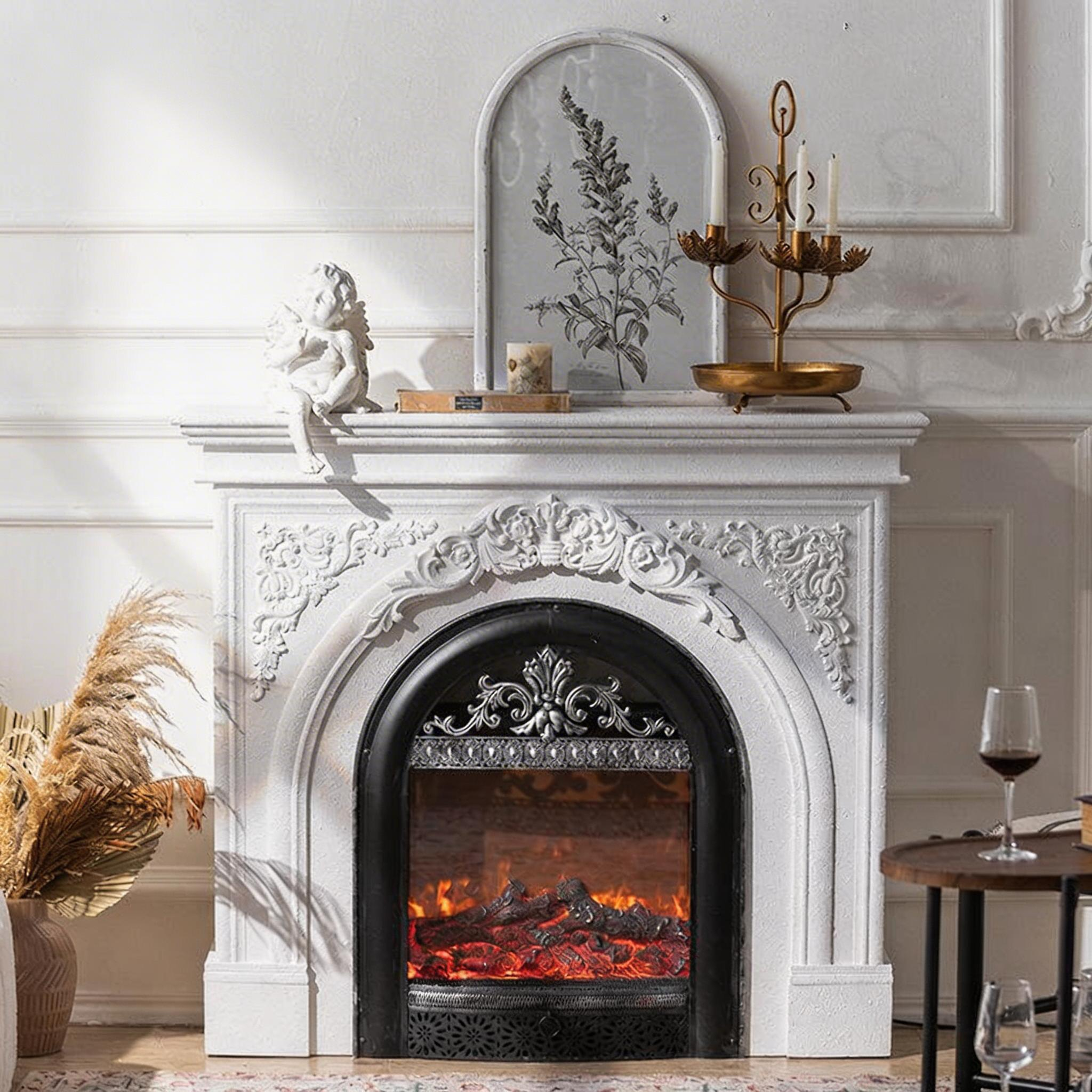 American Vintage Carved Electric Fireplace with Realistic Flame Aurora 7