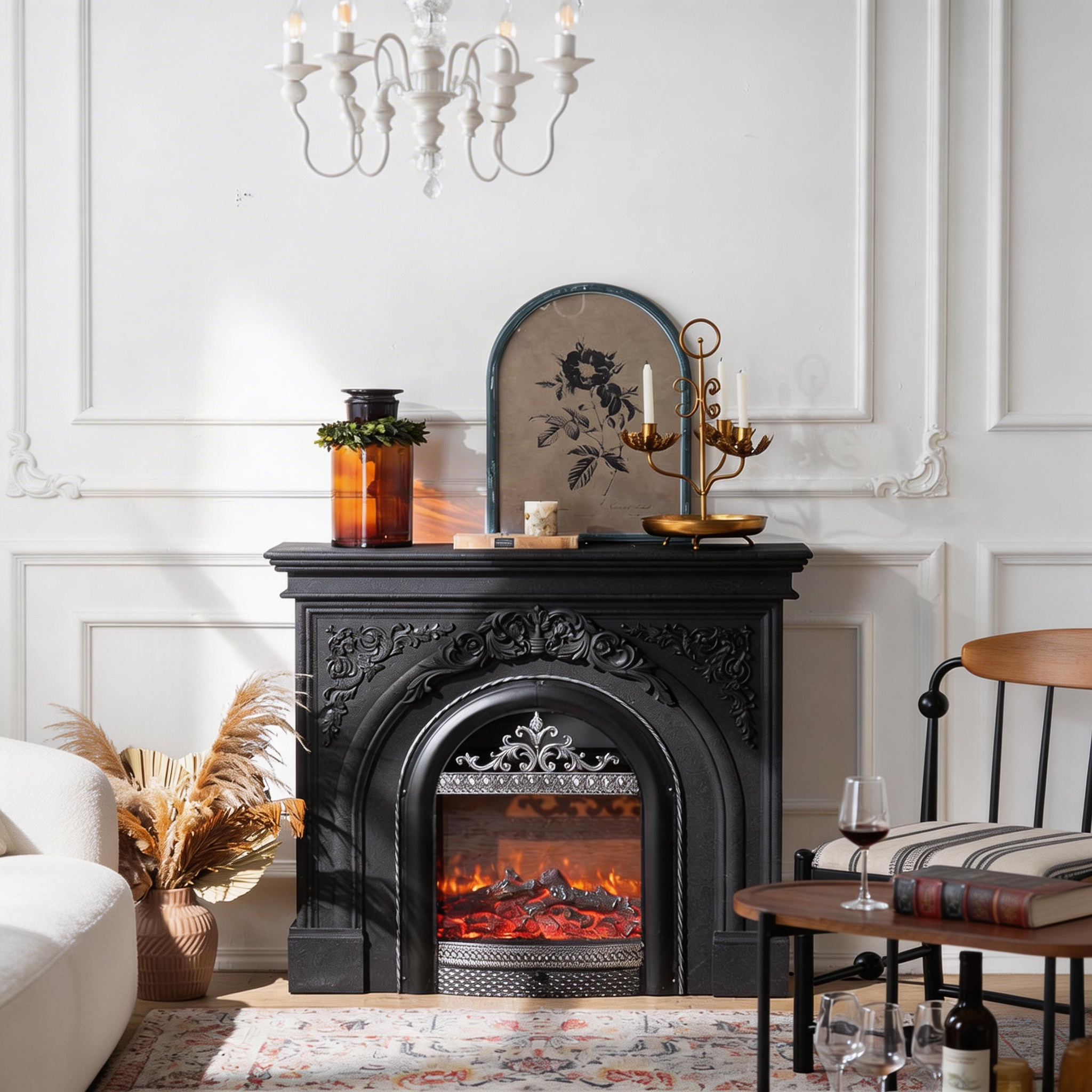 American Vintage Carved Electric Fireplace with Realistic Flame Aurora 7