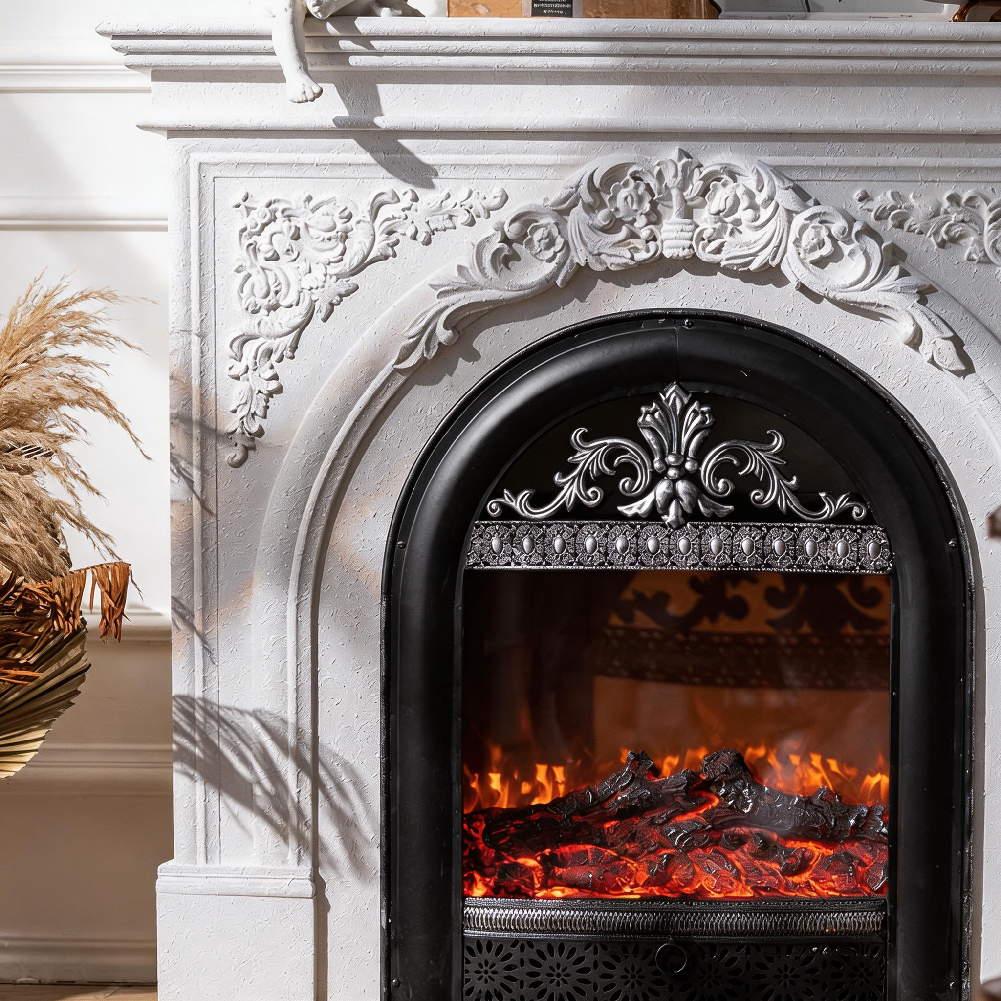 American Vintage Carved Electric Fireplace with Realistic Flame Aurora 7