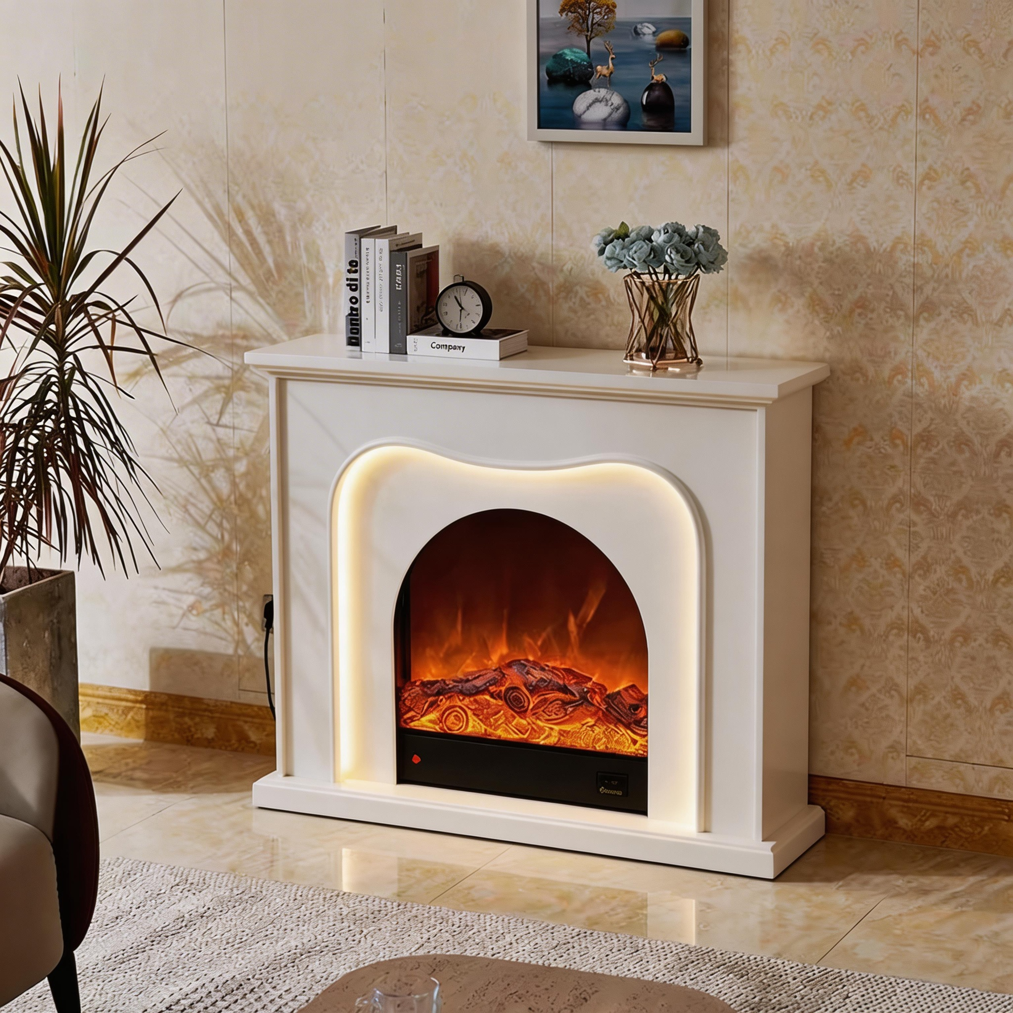 Minimalist French Cream Style Arched Electric Fireplace Aurora 9
