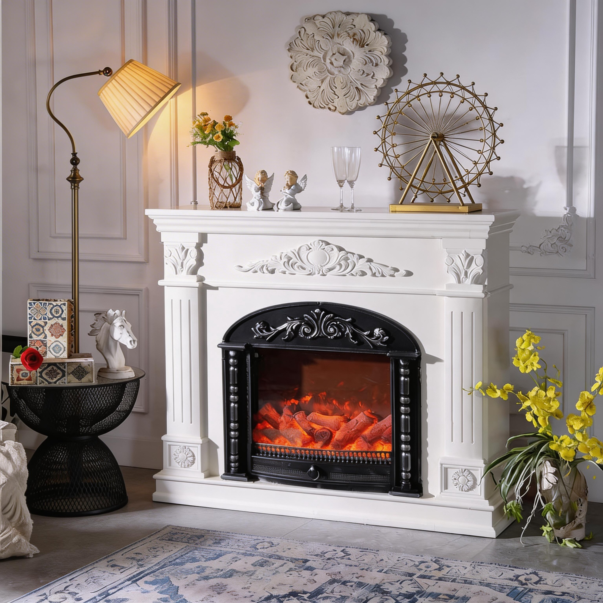 European Classic Ornate Carved Electric Fireplace Aurora7
