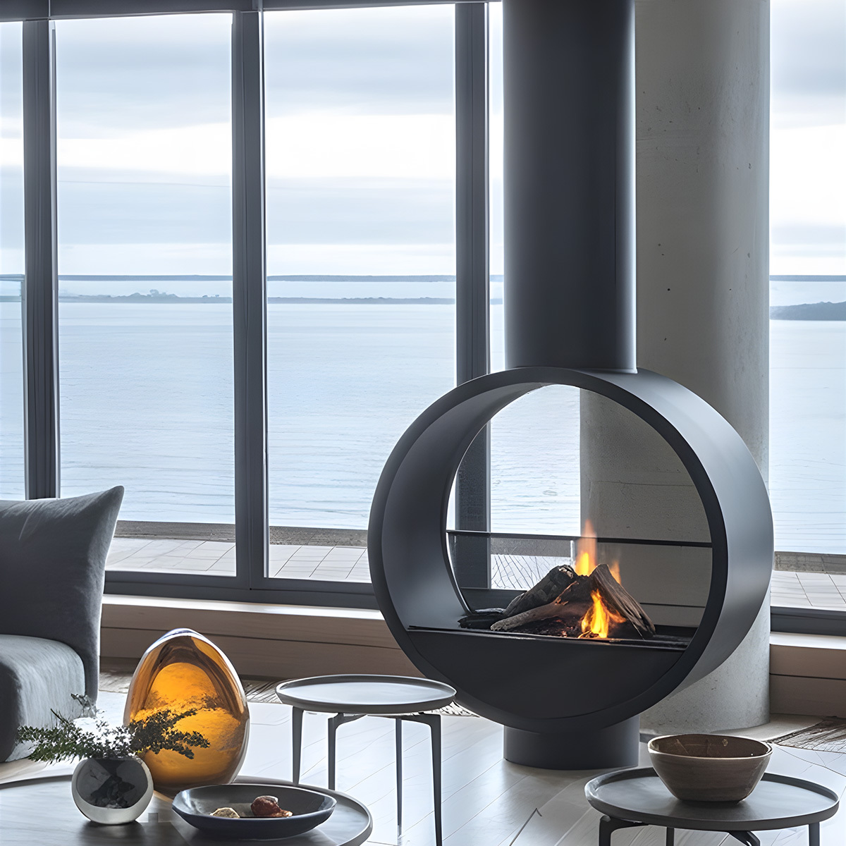 Artistic Ring Suspended Wood Burning Fireplace Ash 1-Hearthartsinn