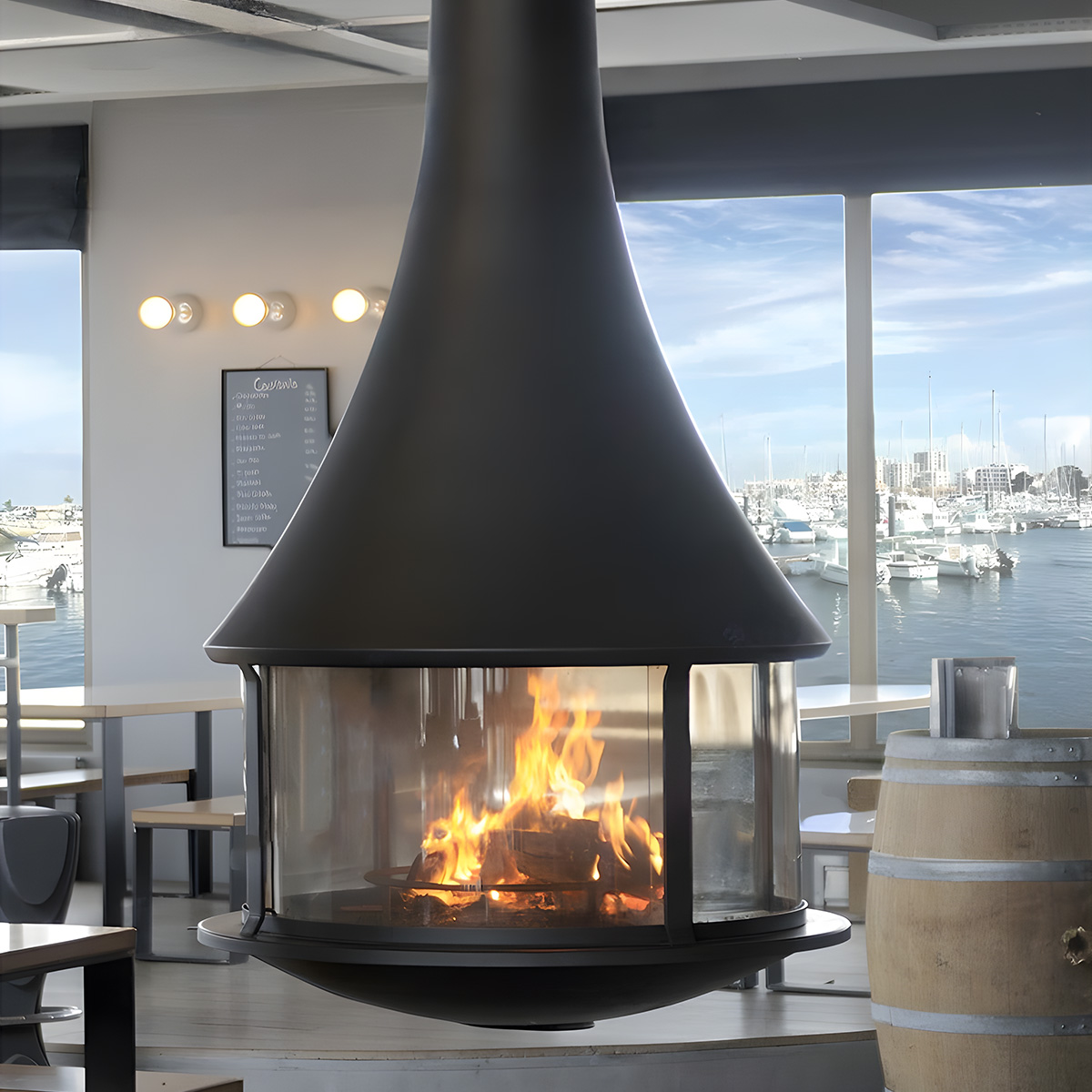 Cylindrical suspended glass wood burning fireplace Ash 2-Hearthartsinn