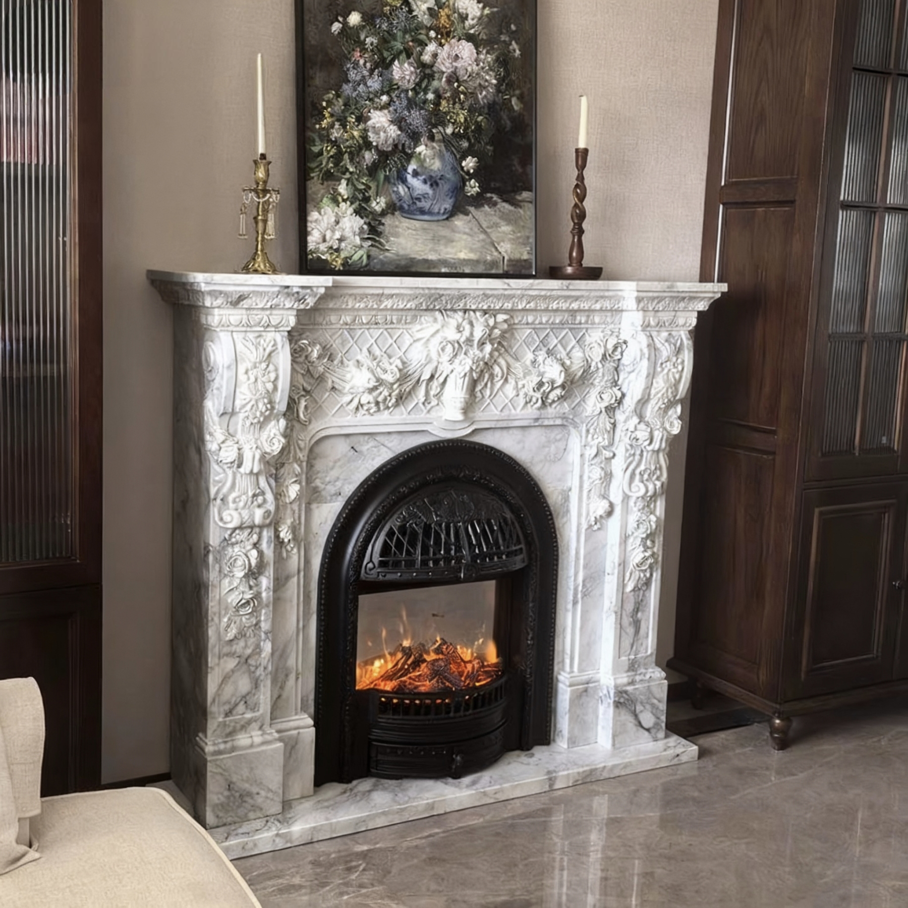 Stone Carved French Marble Electric Fireplace Aurora7