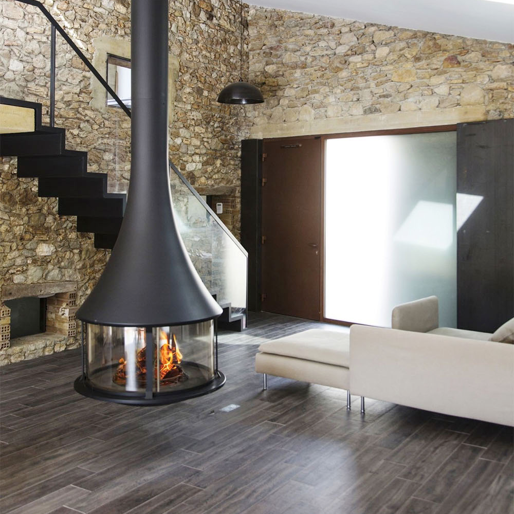 Cylindrical suspended glass wood burning fireplace Ash 2-Hearthartsinn