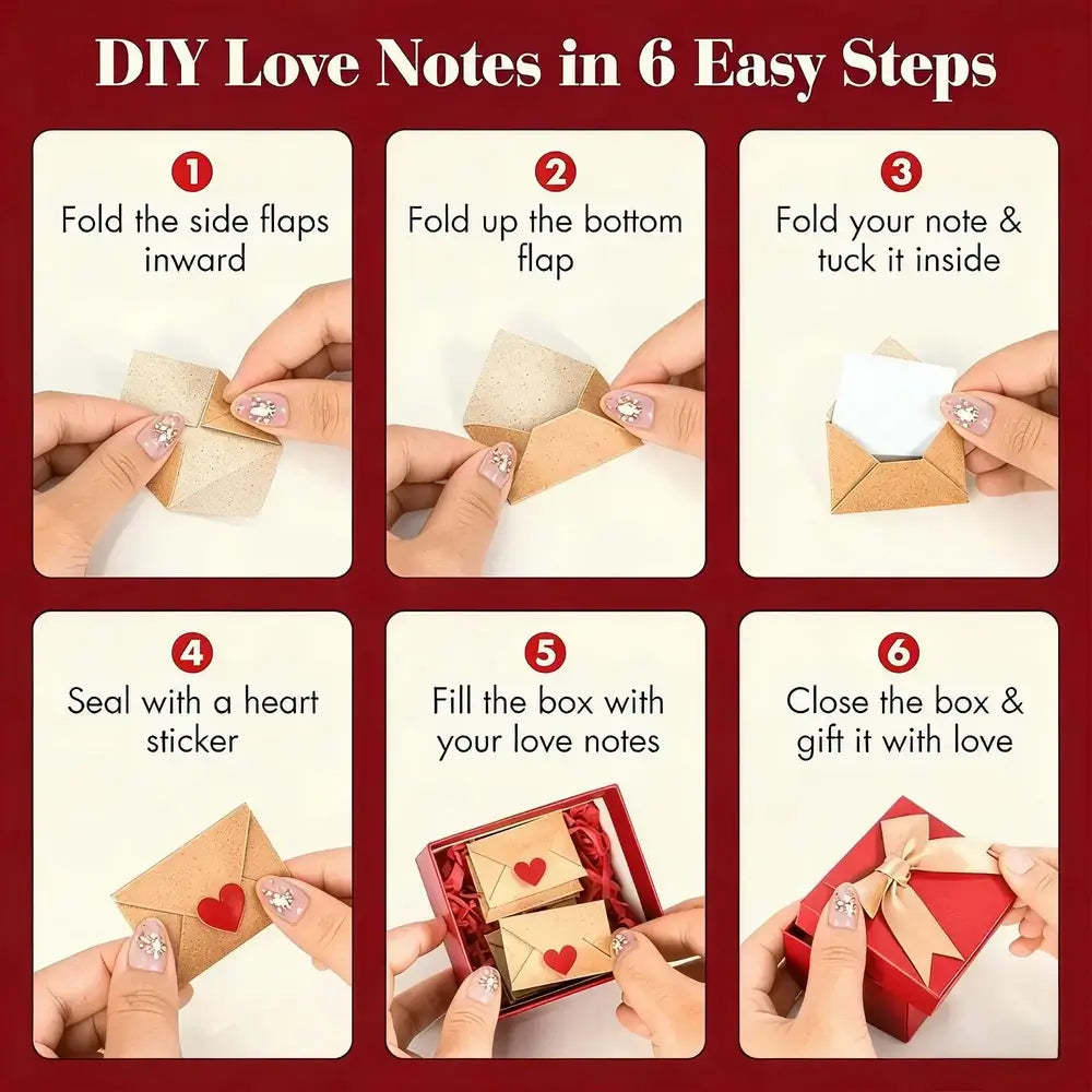DIY Love Notes in 6 Easy Steps infographic showing a six-step guide with hand illustrations and photos of hands performing each step, from folding a kraft paper box to sealing it with a heart sticker and finally presenting a red gift box with a tied bow.