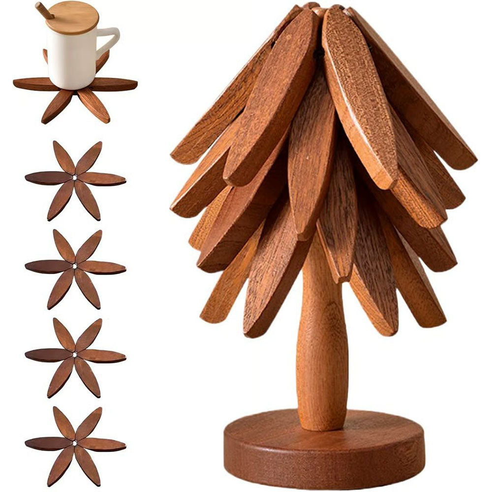 Natural Tree Trivet Set - 4 Wooden Trivets & 1 Stand Like a Christmas Tree